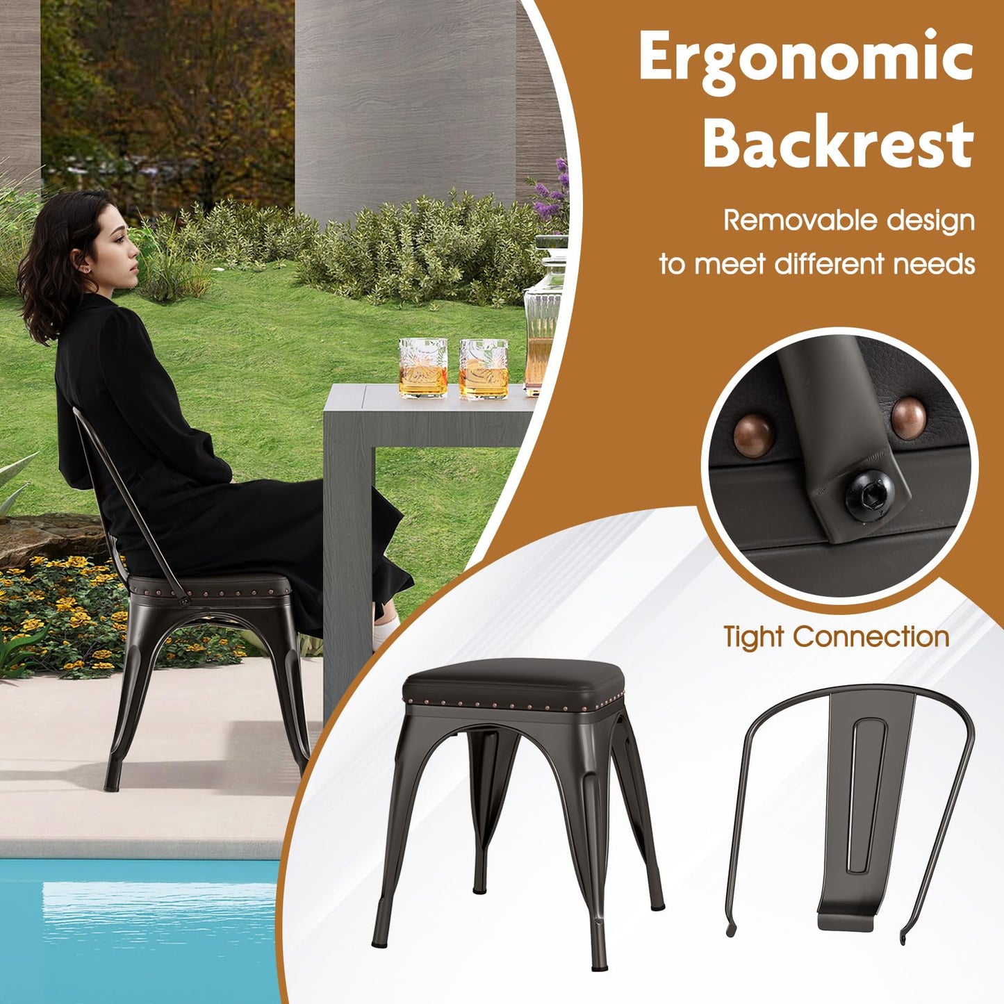 COSTWAY Metal Dining Chairs Set of 4, 18.5 Inch Stackable Industrial Kitchen Tolix Side Chairs with Cushions, Detachable High Back for Dining Room, Cafe, Restaurant, Bistro (Bronze)