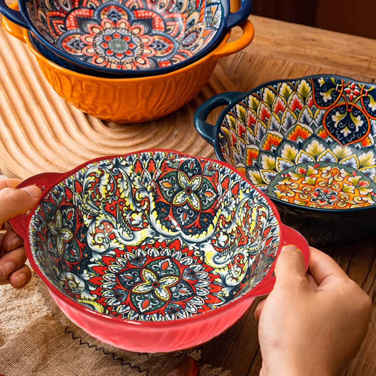 Ronanemon Bohemia Large Bowls with Handle, 40 oz Ceramic Soup Bowl for Salad, Pasta, Cereal,Fruit, Udon, Microwave & Dishwasher Safe (Blue)