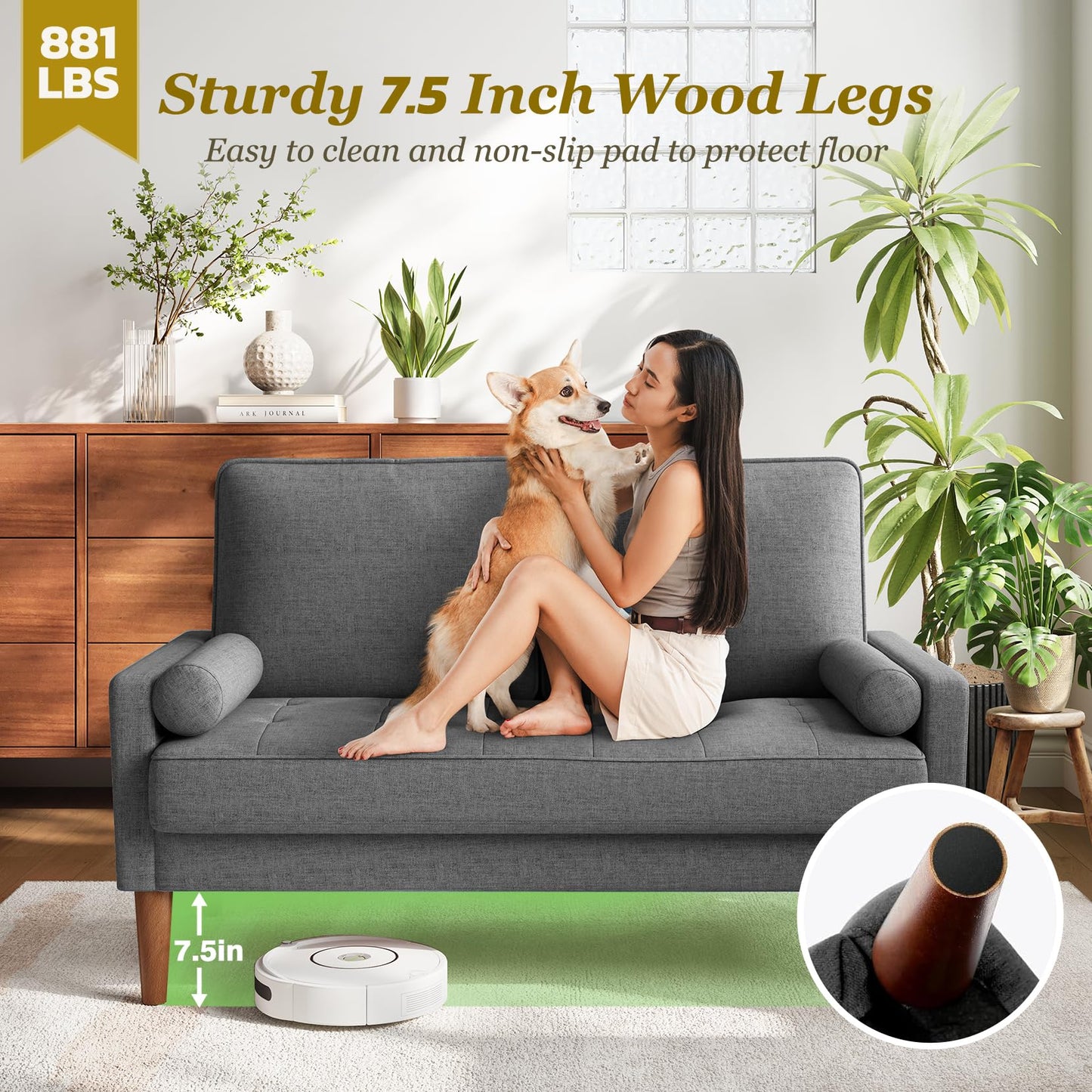 Vesgantti Loveseat Sofa with Solid Wood Legs, 48" Small Couches for Small Spaces, Love Seat for Living Room, Bedroom, Easy Assembly Mid Century Modern Couch with Throw Pillow for Apartment, Grey