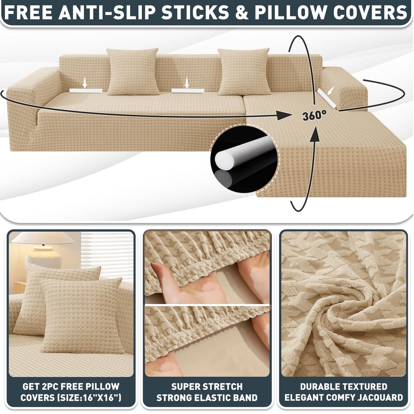 ZNSAYOTX Stretch Sectional Couch Covers New-Houndstooth Texture, Thick Slipcovers with Elastic Bottom for L Shape Sectional Sofa, 2 Pcs Pet Friendly Universal Protector (Chaise or Sofa), Khaki
