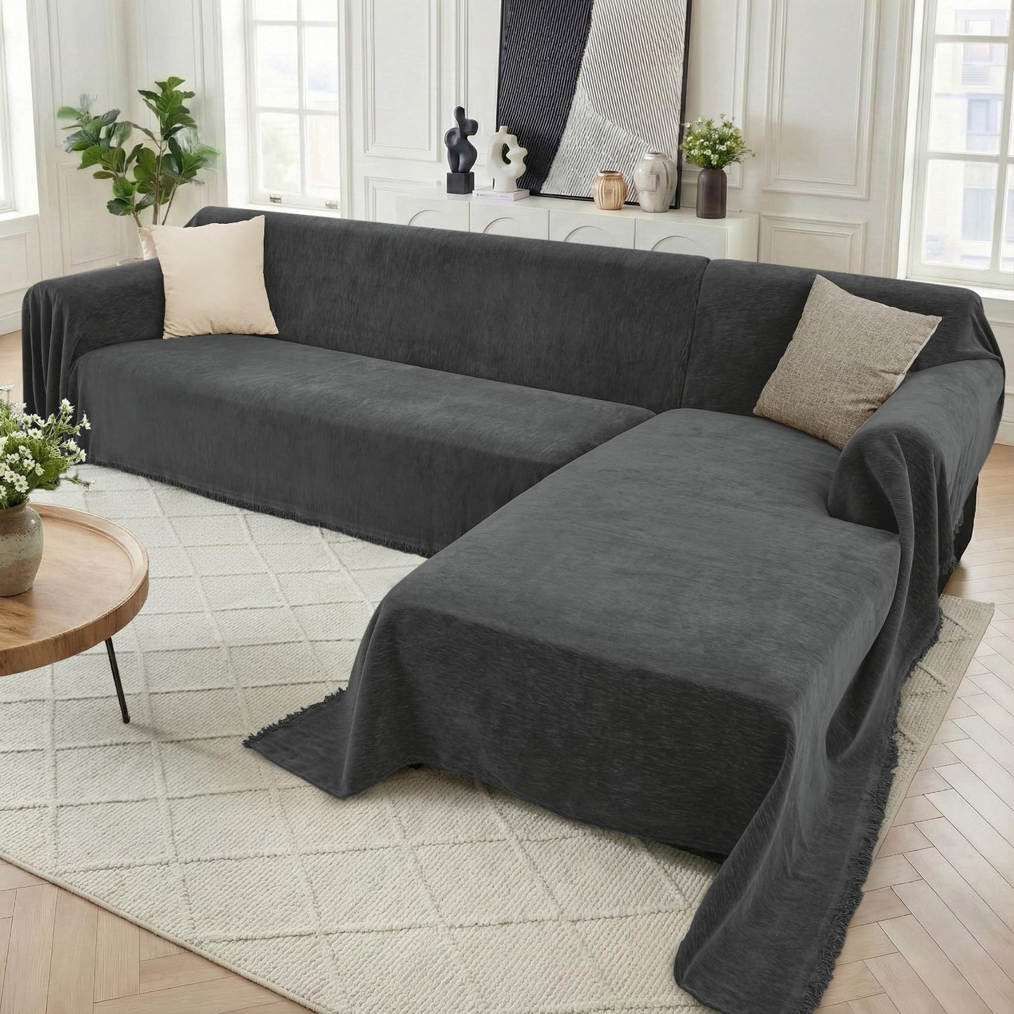 Houmiggle Sectional Couch Covers, 2 Pieces Washable L Shaped Couch Covers Sofa Blanket for Dogs Pet Friendly Sectional Sofa Slipcovers Furniture Covers,71"x118"+91"x134",(XXX-Large,Charcoal Gray)