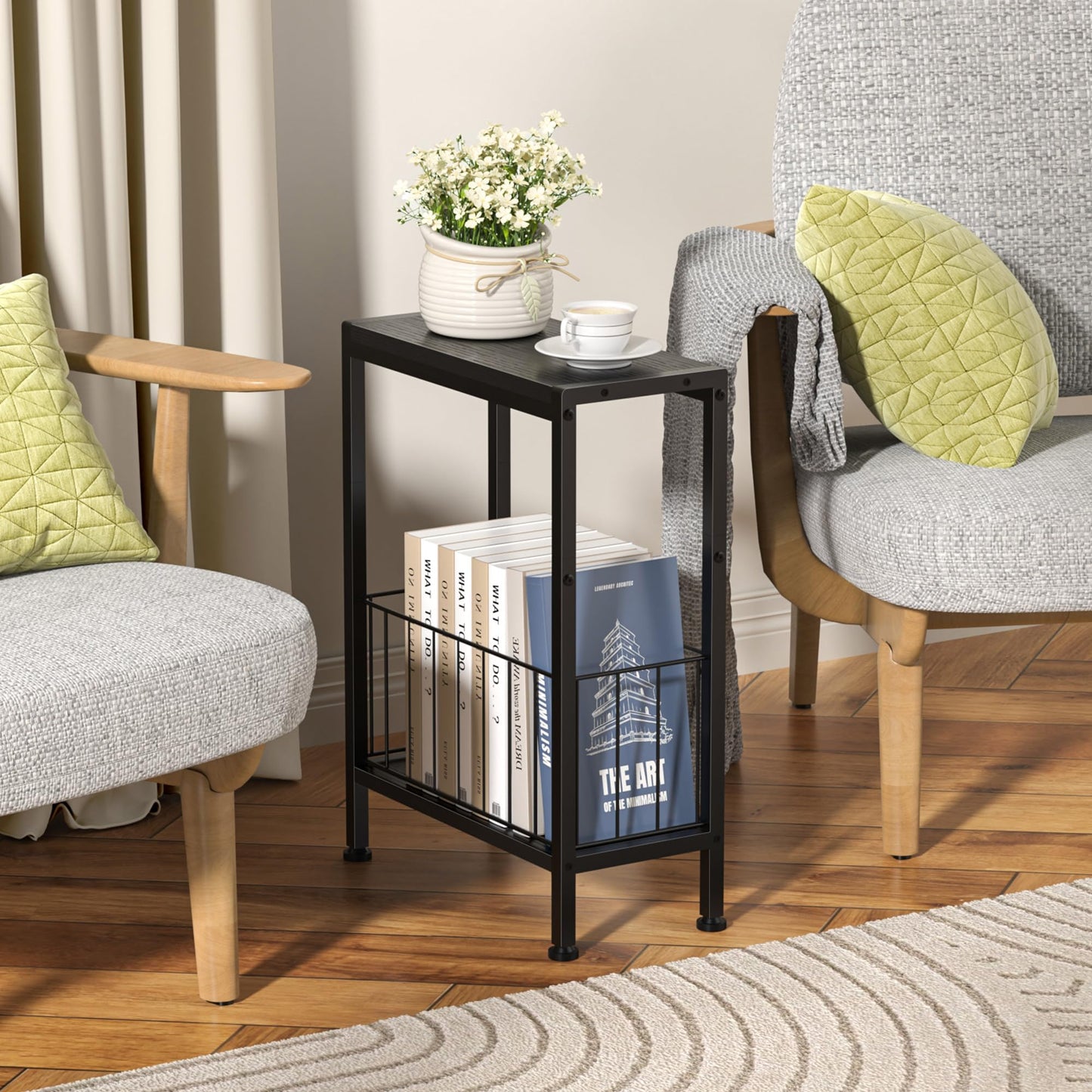 Lifenite Narrow Side Table, Skinny End Tables with Magazine Holder, Small Sofa Table for Small Spaces, Space-Saving Design, Slim Nightstand Bedside Table for Living Room, Bedroom, Office, Black