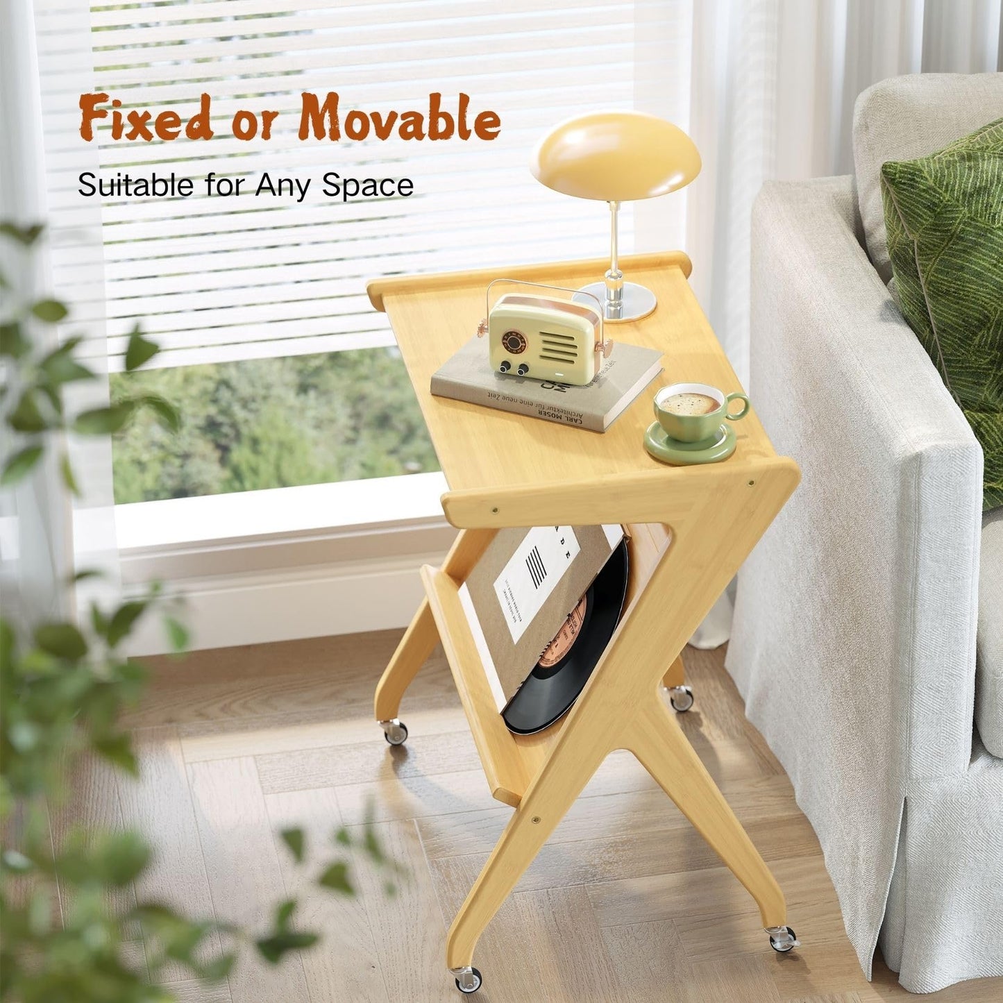 Auroral Zone Solid Wood 2-Tier Rolling Side Table with Lockable casters, Mobile Small End Table with Magazine Rack for Living Room, Bedroom & Sofa