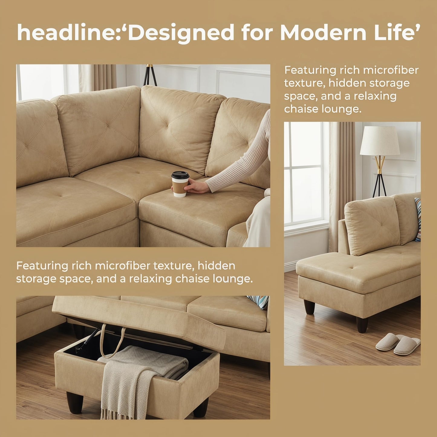 Trygoal 3-Piece L-Shaped Modular Leather Sofa – Convertible Sectional Couch with Movable Chaise & Storage Ottoman, Multi-Scene Use for Living Room, Apartment & Office, Beige