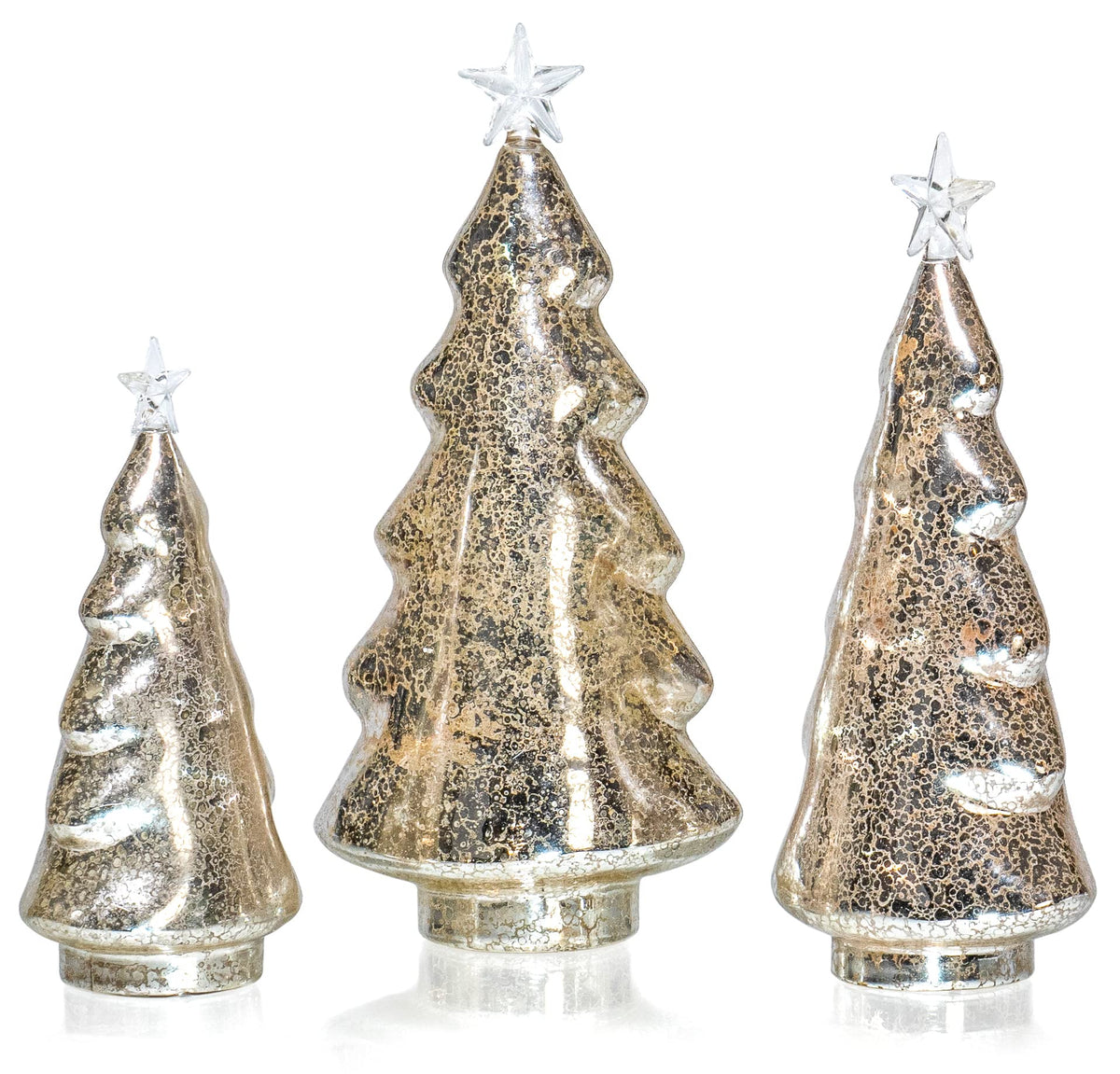 Red Co. 8.5”, 11”, 12.5” Light-Up Clear Glass Christmas Tree Tabletop Display Figurine Set of 3 Sizes, Mercury Gold