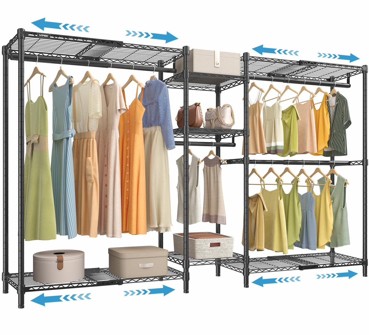 VIPEK Classic V6X Dynamic Closet System, Expandable Freestanding Clothes Rack with Shelves & Hanging Rods, Adjustable Width 62"-96", Modular Metal Clothing Rack Organizer for Reach-in Closet