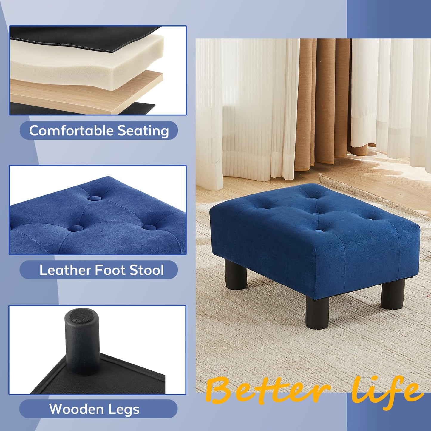 FIMIVIBI Small Foot Stool Ottoman, Velvet Footstool Ottoman Foot Rest for Couch, Rectangle Footstools and Ottomans Small for Living Room, Entryway and Bedroom (Blue)