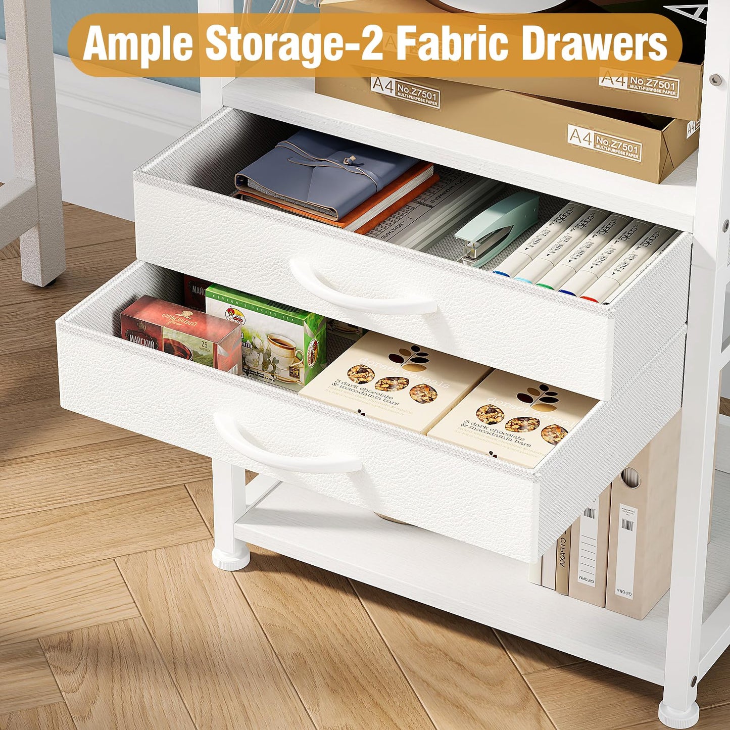 VENNQD Large Printer Stand with Storage Fabric Drawer Under Desk Printer Table with Wheels for Home Office, Printer Cart fit Fax Machine Scanner (White, 3 Tiers)
