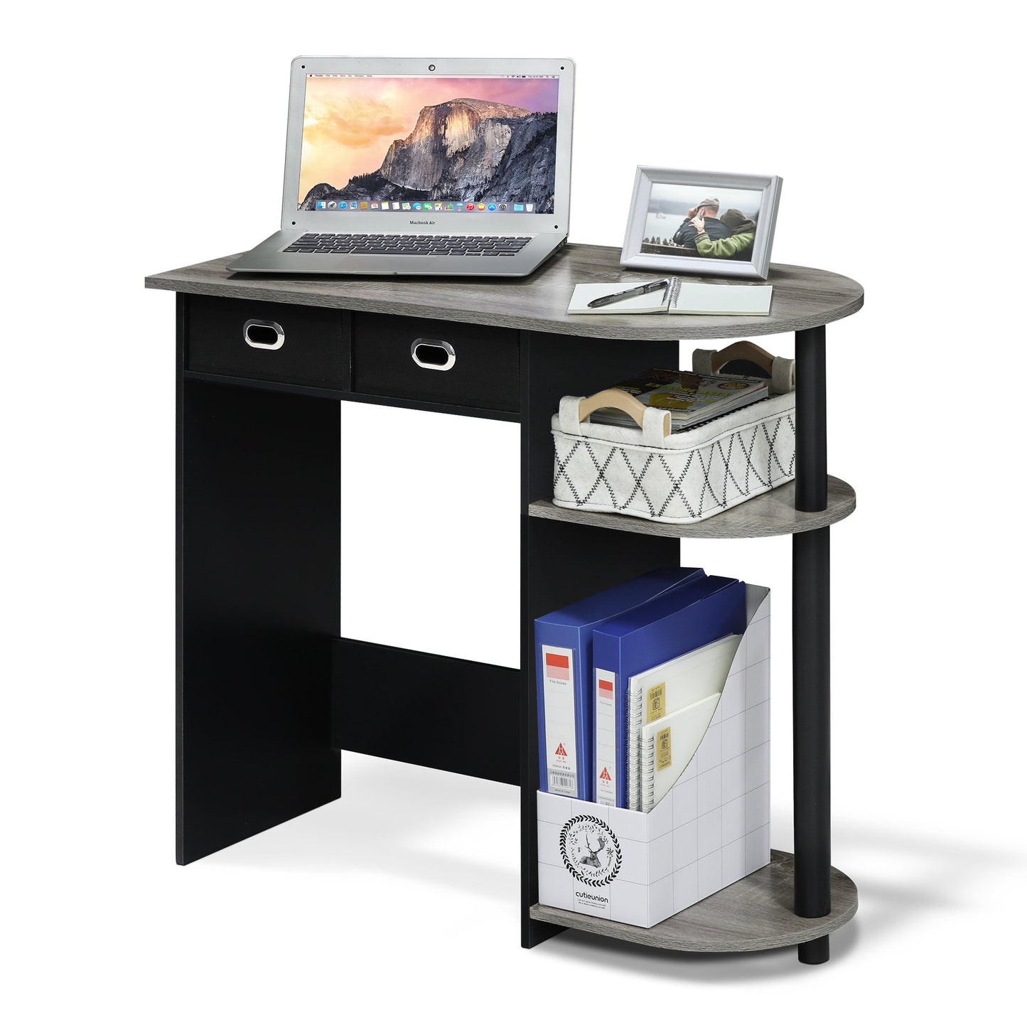 Furinno GO GREEN Desk, 31.5" Wide Gaming Desk with 2 Side Shelves and Storage Bins, Computer Desk, Office Desk for Home Office, Study Room, Dorm, Bedroom, French Oak