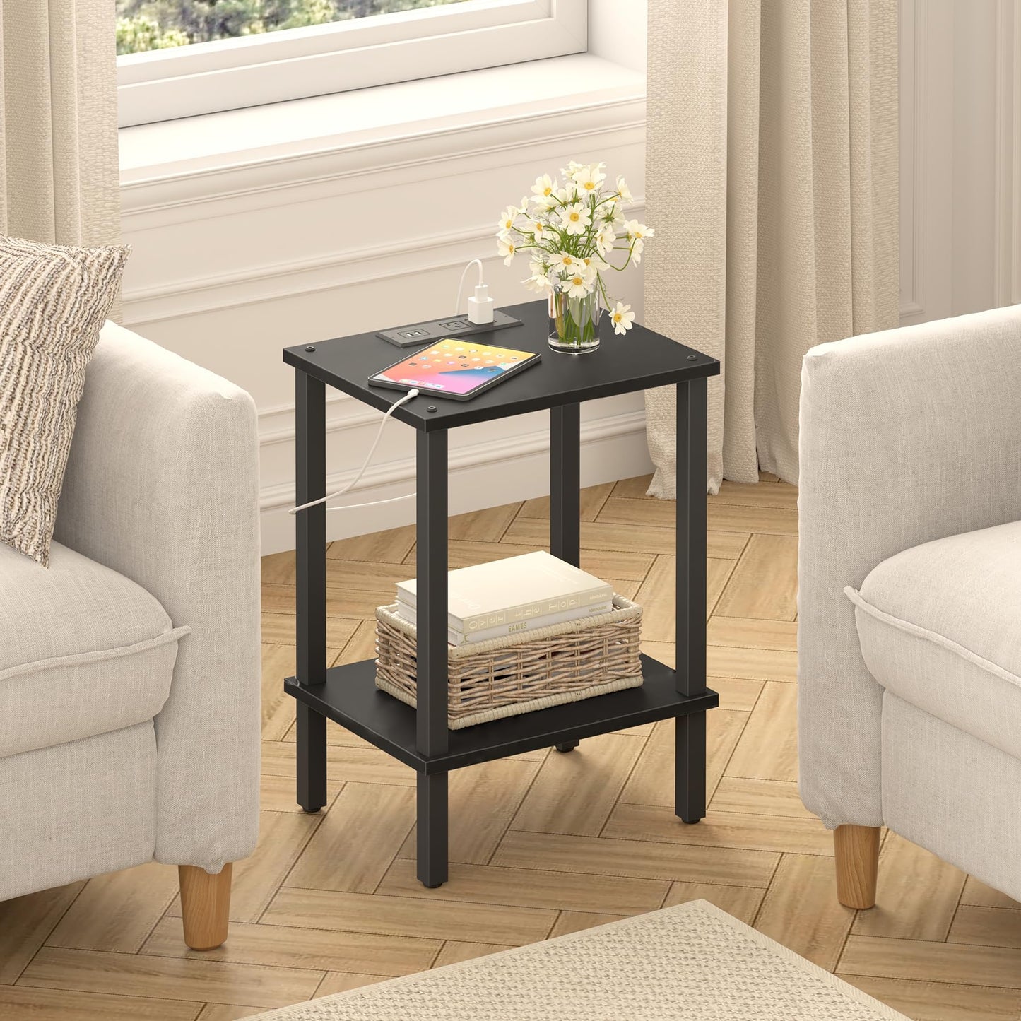 TUTOTAK End Table with Charging Station, Side Table with USB Ports and Outlets, Nightstand, 2-Tier Storage Shelf, Sofa Table for Small Space TB01BK040
