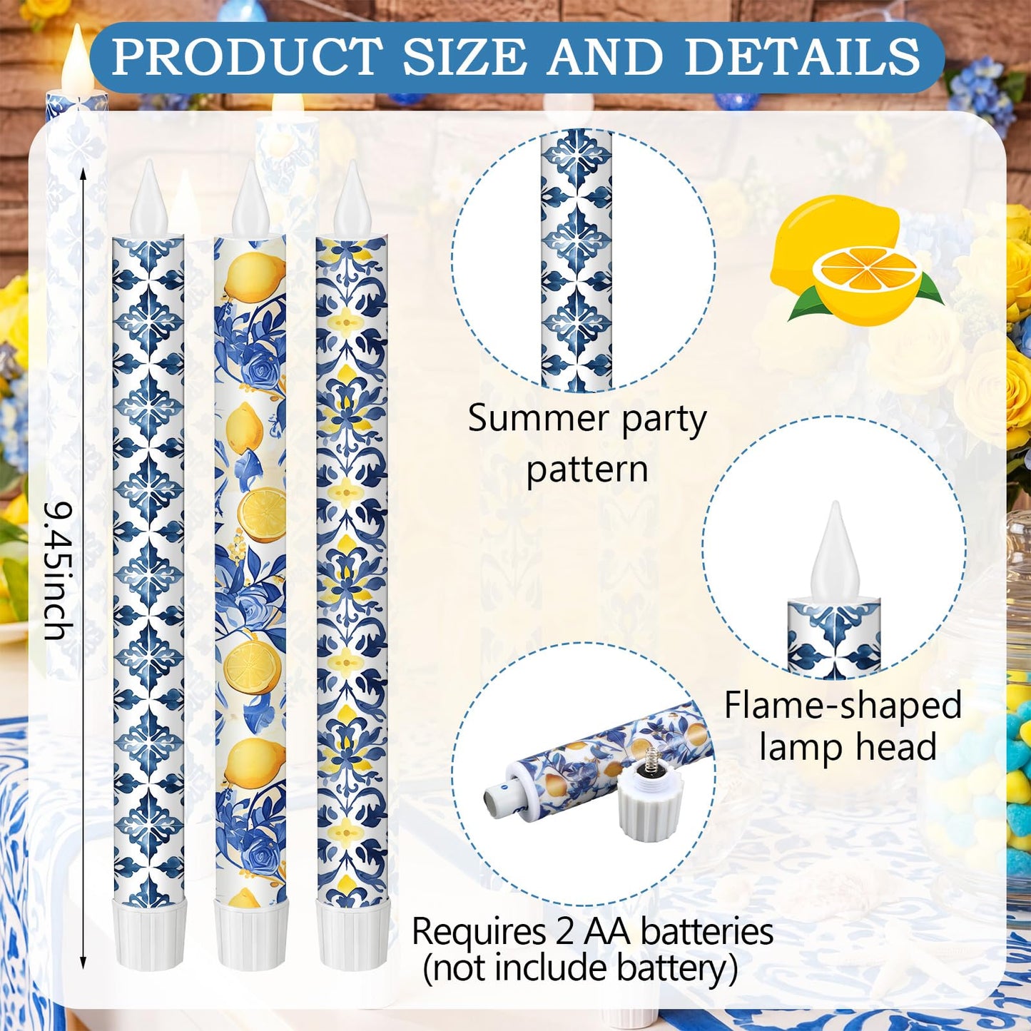 Lyrow 6 Pcs Amalfi Coast Party Decorations Mediterranean Flameless Candles LED 11 Inch Capri Lemon Table Candles Decor for Mediterranean Italian Summer Wedding Gifts Home Decor
