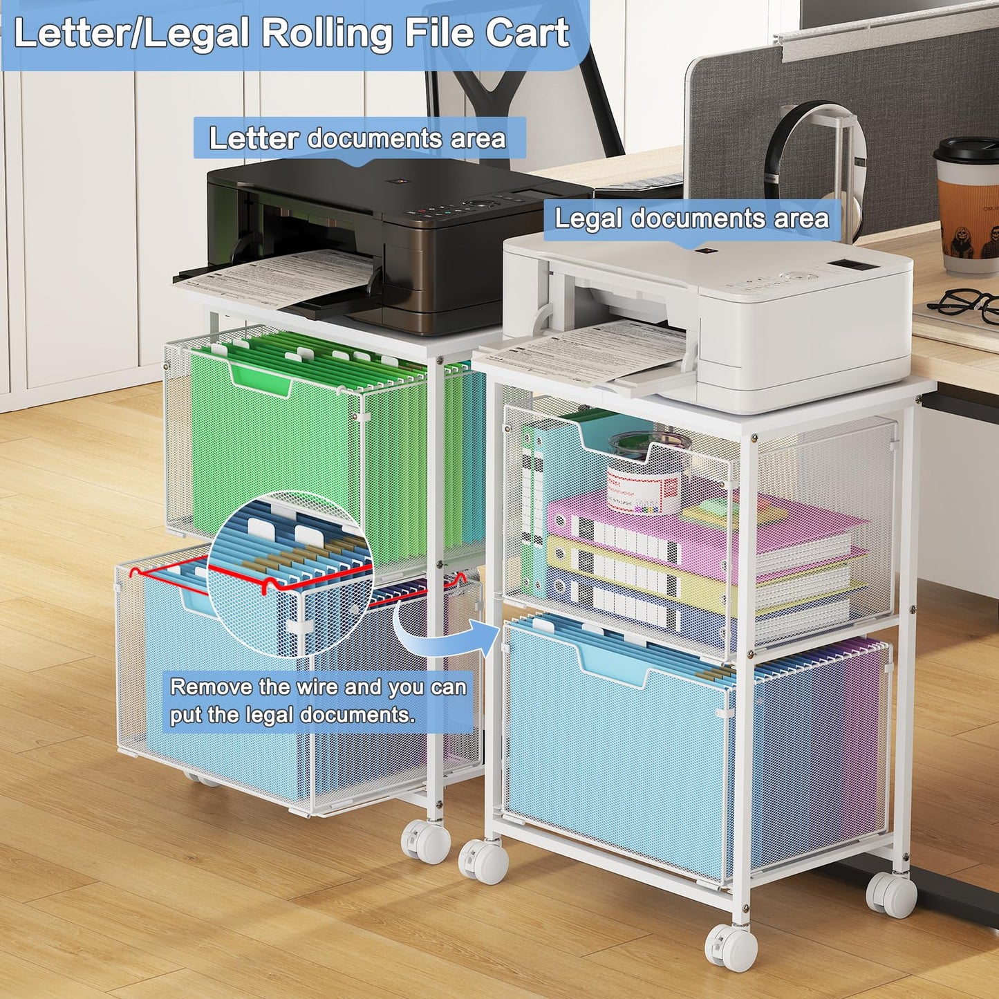Sbanmao Letter/Legal Rolling File Cabinet, Rolling File Cart with 2 Drawers Filing Cabinet for Home Office, Hanging File Folders Organizer for Under Desk Storage, Mobile Printer Stand, White