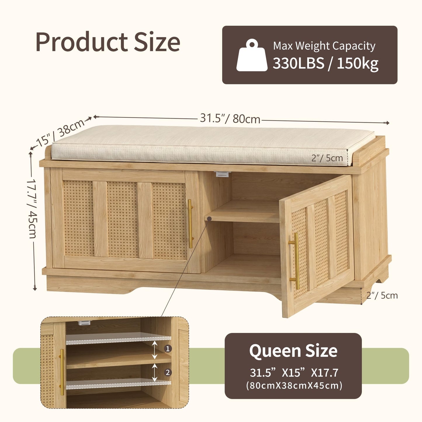 Heybly Shoe Cabinet with Bench, Rattan Entryway Storage Bench with Cushion, Shoe Storage Bench Cabinet with 2 Doors, Adjustable Shelves, Wooden Shoe Bench 31.5" for Living Room Bedroom Hallway HSB001N