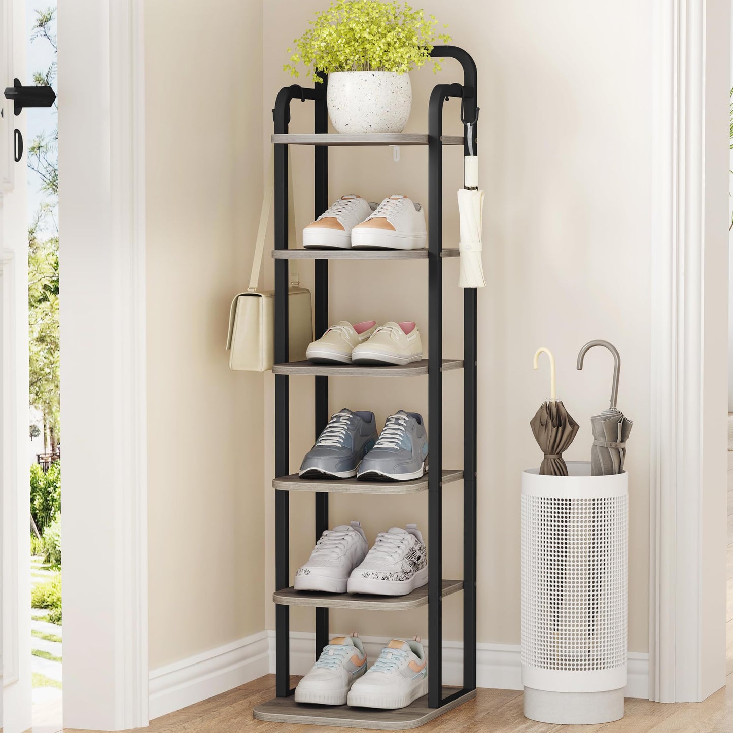 Hzuaneri 6 Tiers Vertical Shoe Rack, Narrow Shoe Tower, Tall Shoes Shelf with 2 Hooks, Adjustable Shelves, Corner Shoes Shelves for Small Spaces, Entryway, Living Room, Greige, SR04205B