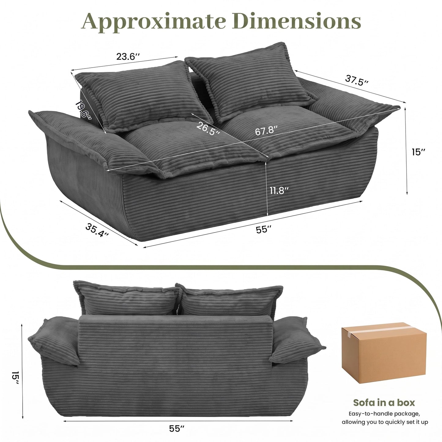 JUIKURY 55" Convertible Corduroy Sofa Bed, Boneless Foldable Loveseat Sleeper Couch, Compressed Foam Floor Sofa with Removable Cushions & Pillows for Small Space Living Room