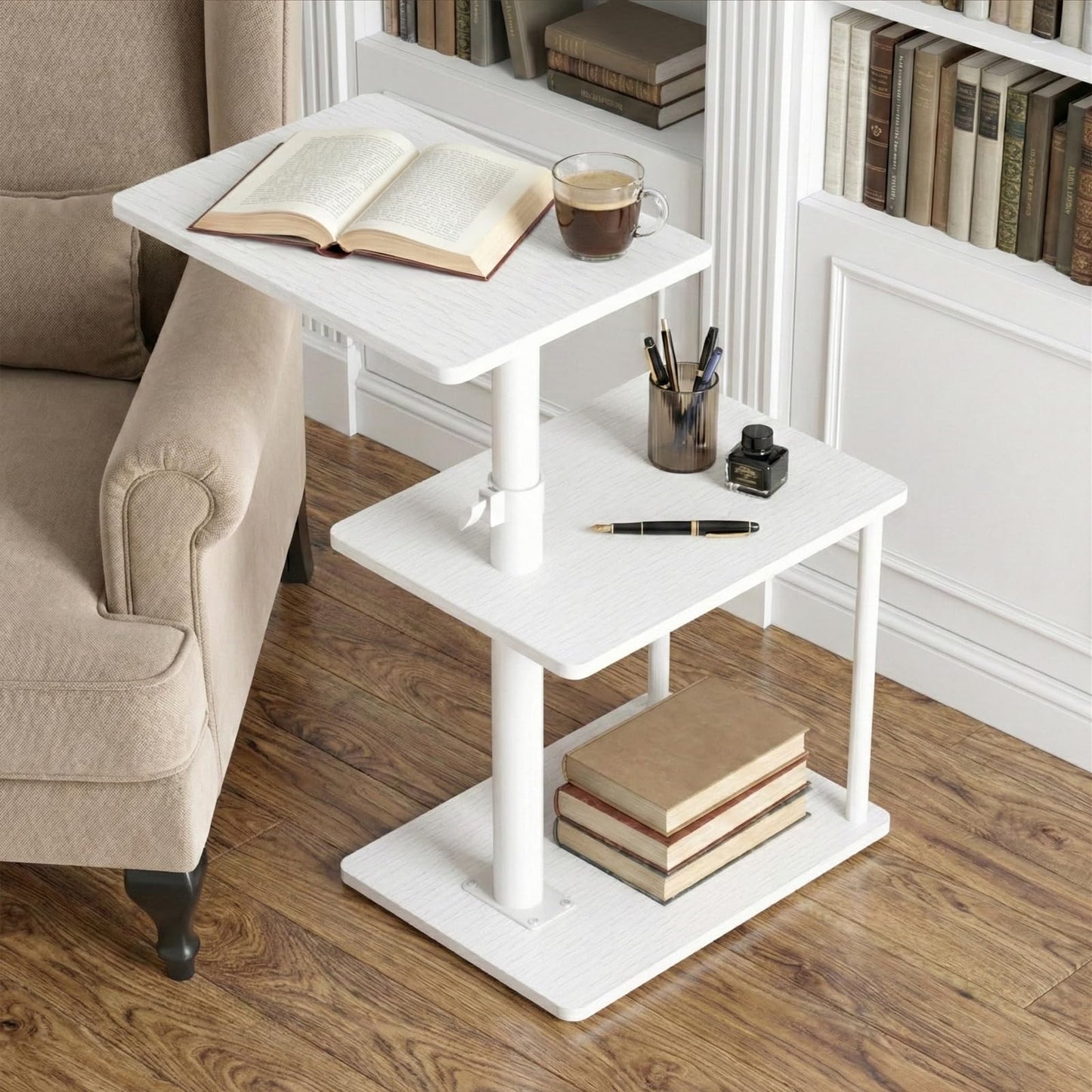 Faesun 360° Swivel Side Table for Height Adjustable, C Shaped End Table for Couch with Storage, 3-Tier Night Stand with Open Shelf, Tv Tray for Small Spaces, Living Room, Bedroom, White