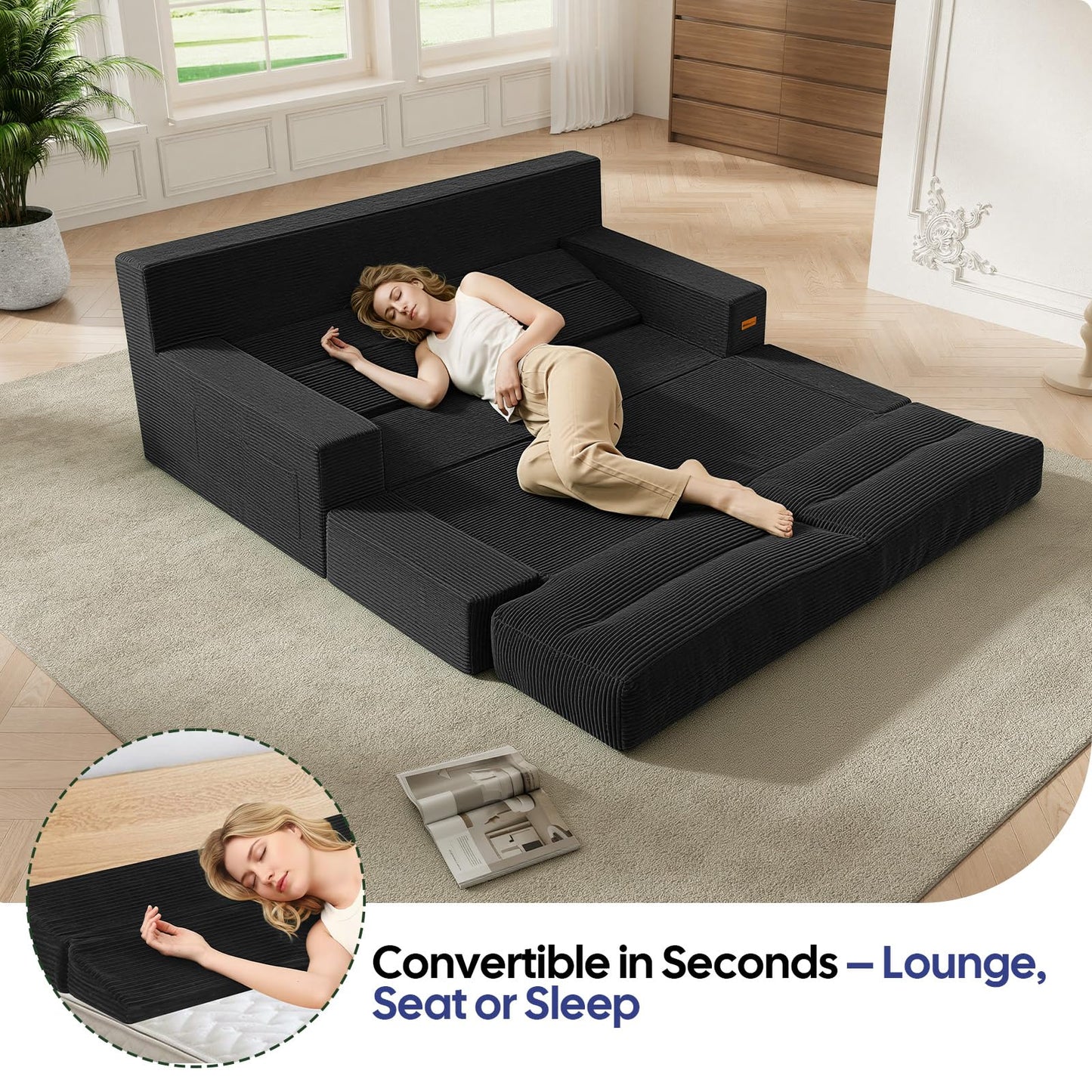 MeMoreCool Queen Sofa Bed, 4-in-1 Pull Out Couch Bed with Wedge Pillow, Boneless Futon Sleeper Loveseat, No Assembly Folding Sofa for Living Room Guest Room, Black Corduroy