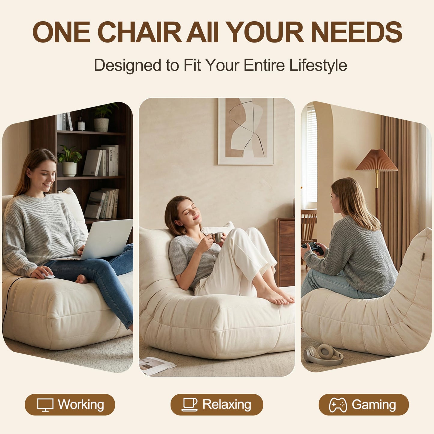 Gazecaia Comfy Bean Bag Chair for Adults Teens | Fireside Floor Lounge Chair, Soft Suede High-Resilience Memory Foam Bean Bag Couch with Non-Slip Base, for Living Room Bedroom Apartment Office, White