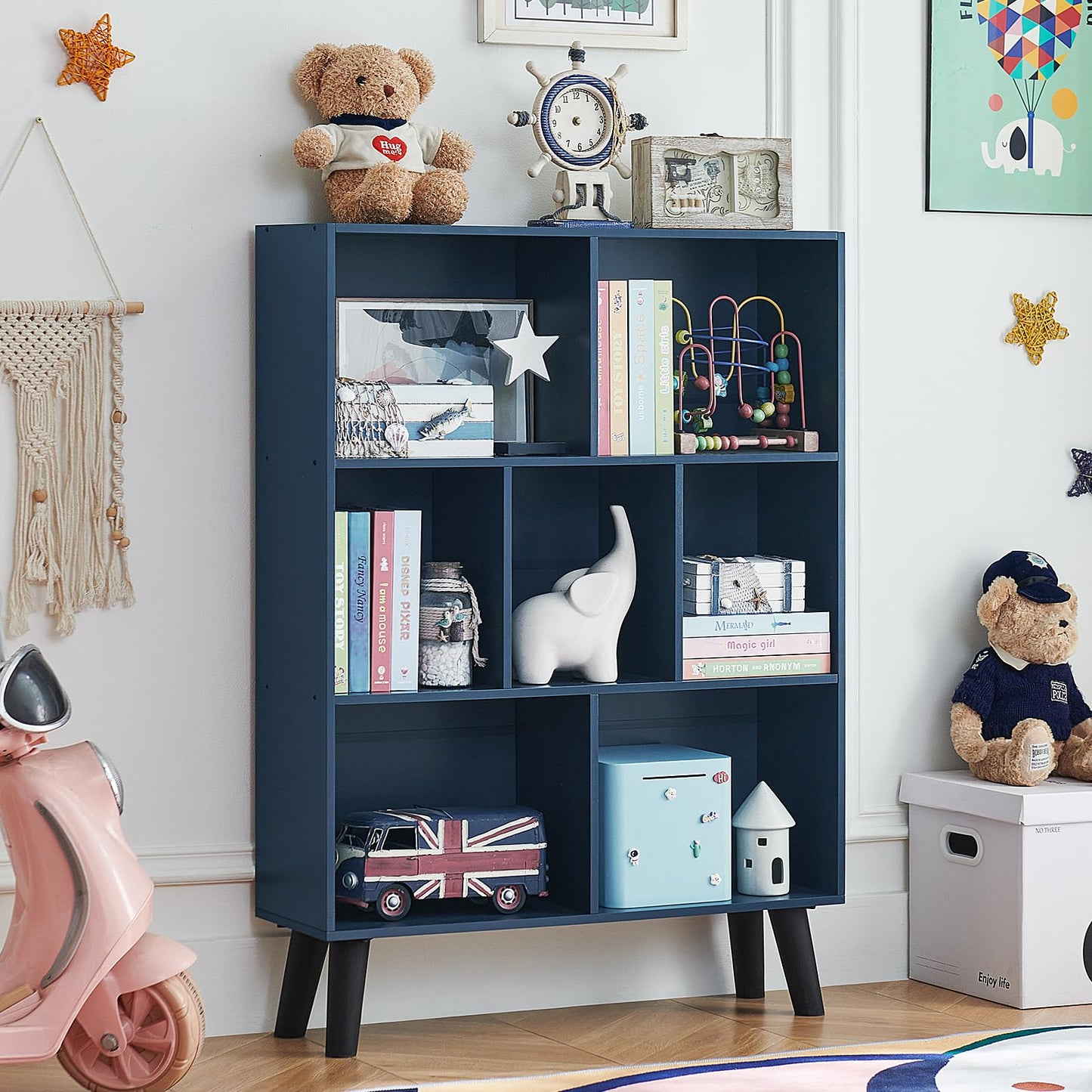 LEYAOYAO Cube Bookshelf 3 Tier Mid-Century Rustic Dark Blue Modern Bookcase with Legs,Retro Wood Bookshelves Storage Organizer Shelf,Freestanding Open Book Shelves for Bedroom,Living Room,Office
