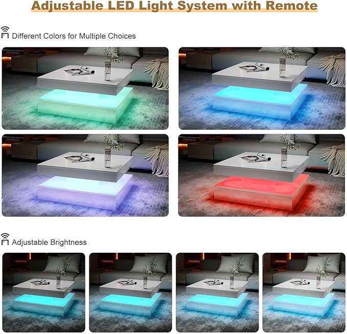 HedoAjim LED Coffee Table for Living Room, Living Room Table 2-Tier Square