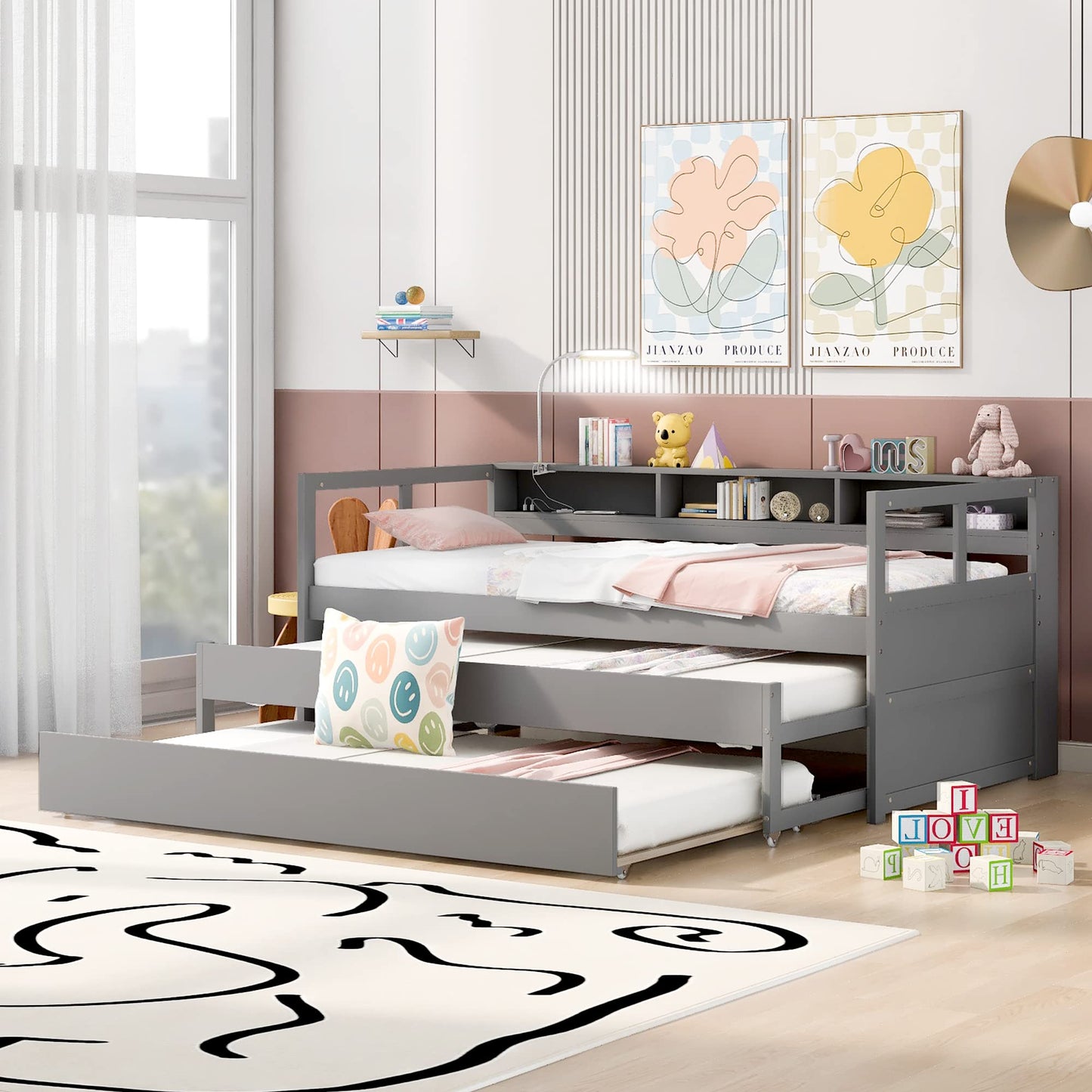 Harper & Bright Designs Twin XL Wood Daybed with 2 Twin Size Trundles, 3 Storage Cubbies, 1 Light for Free and USB Charging Design, No Box Spring Needed - Gray