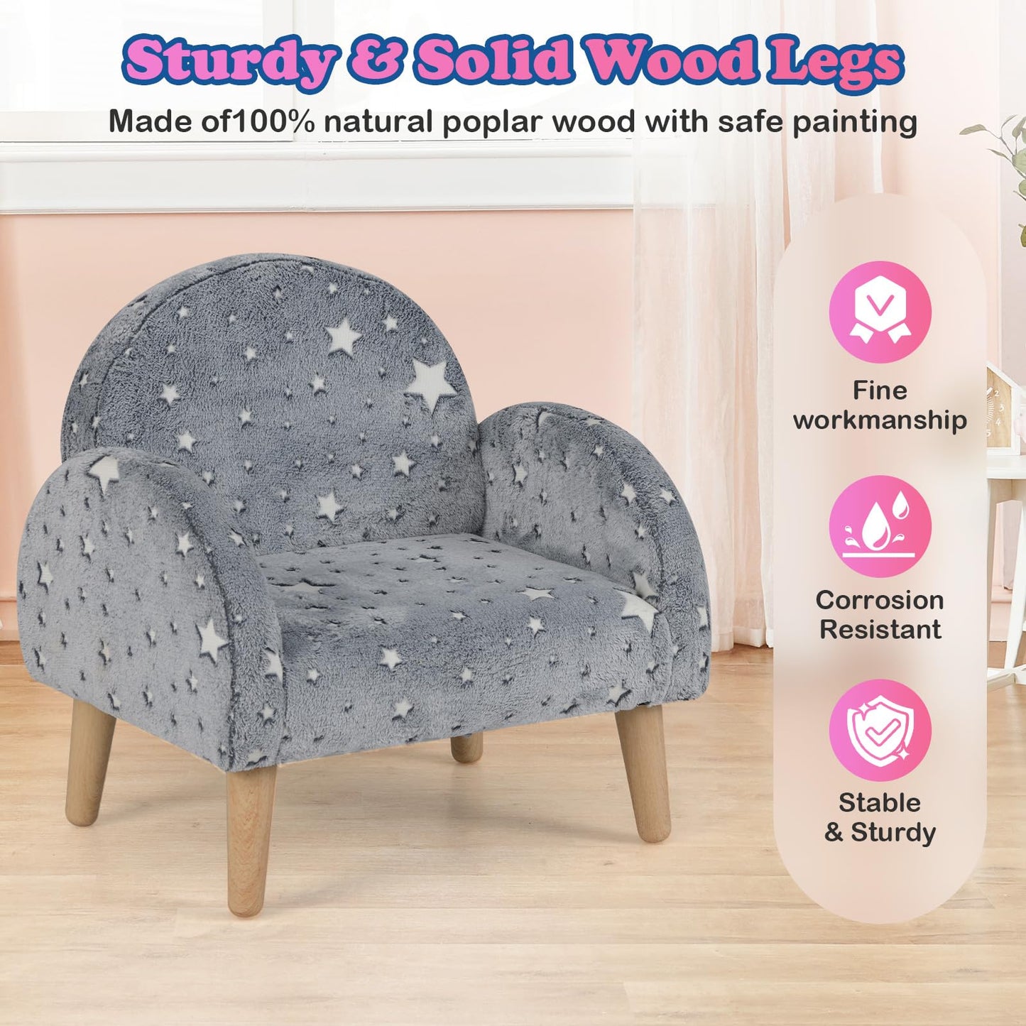 INFANS Kids Sofa with Glow in The Dark, Toddler Armchair Couch with Solid Wooden Frame Anti-Tipping, Upholstered Comfy Foam Children Chair for Kindergarten Playroom Preschool, Gift for Boys Girls
