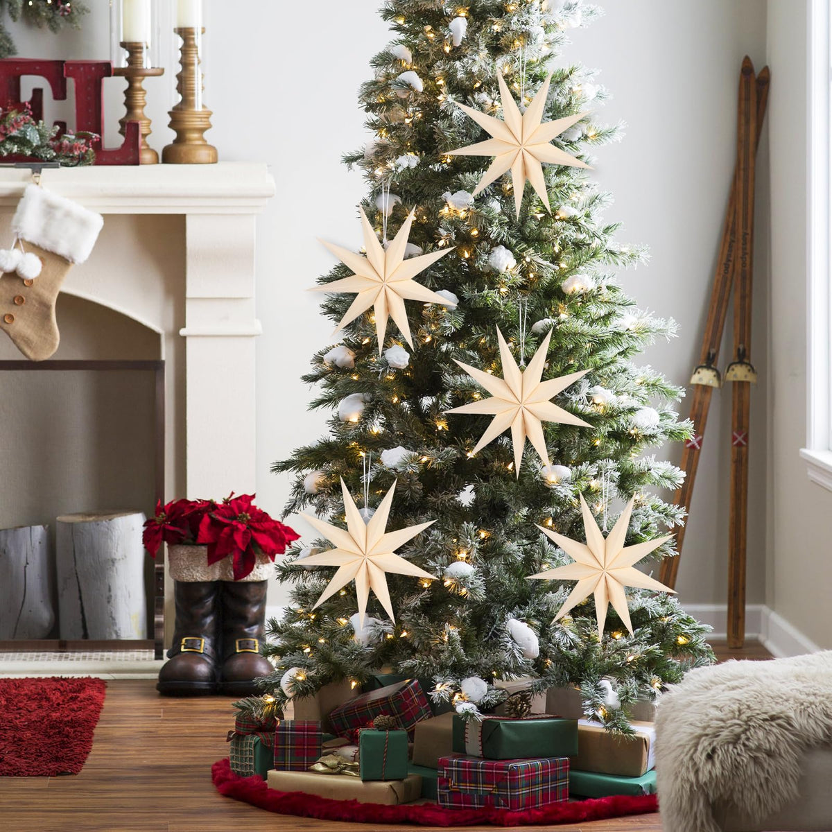 BestoFun 12 Inches 5 PCS Beige Paper Star Lanterns Christmas Party Decorations Hanging Stars Christmas Party Decorations Wedding Birthday Christmas Home Party Decorations(9 Pointed)