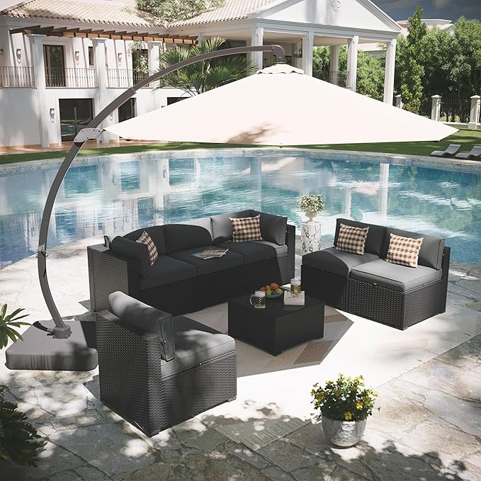 Aoxun Patio Furniture Set with Umbrella, 8 Piece Outdoor Sectional Sofas