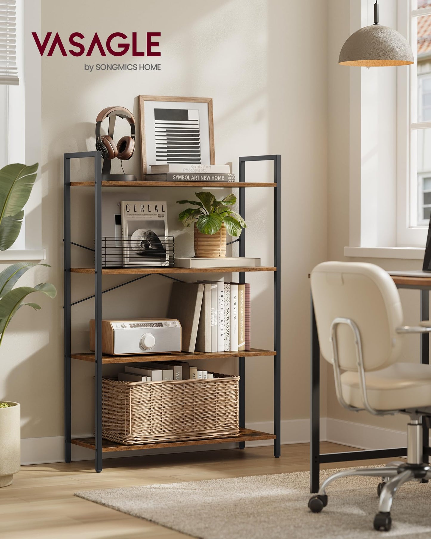 VASAGLE 4-Tier Tall Bookshelf, Large Bookcase with Steel Frame, Deep Book Shelf for Living Room, Home Office, Study, 11.8 x 31.5 x 47 Inches, Industrial Style, Honey Brown and Black ULLS140K01