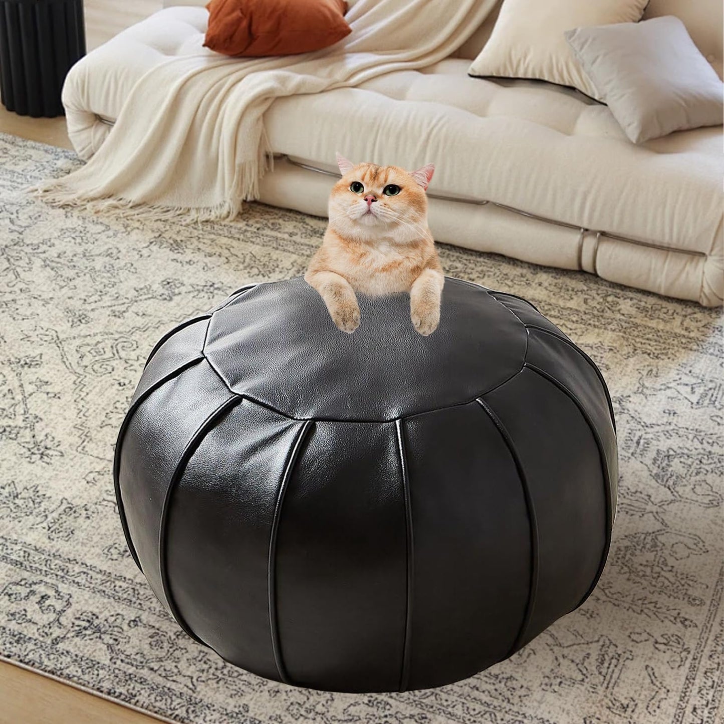 Louis Donné Round Unstuffed Faux Leather Pouf Ottoman Cover, Portable Indoor Outdoor Foot Rest Cover with Invisible Zipper, Sturdy Footstool Cushion Case for Home Patio Balcony Daily Use, Cover Only