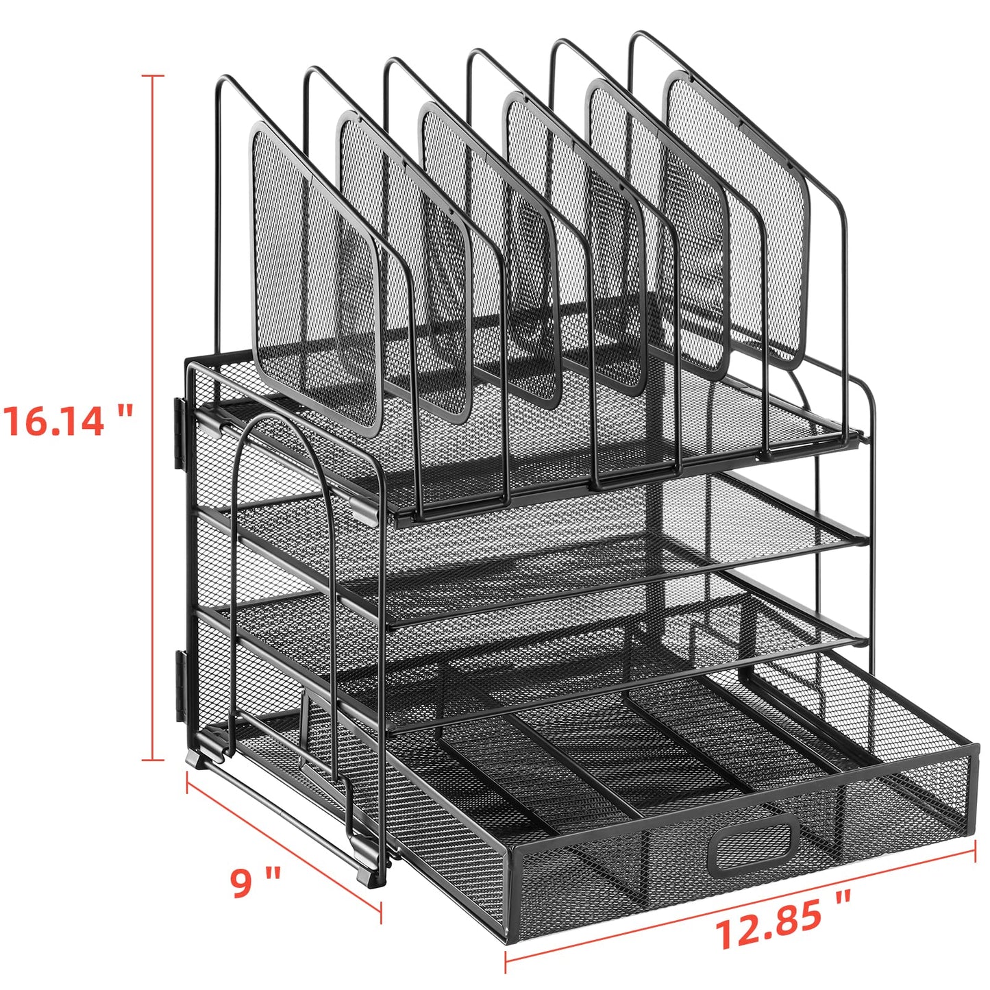 Marbrasse Desk organizer with Drawer, 4-Tier Mesh File Organizer with 5 Vertical File Holders and 2 Pen Holders, Multifunction Desktop Organizer,Desk Organizers and Accessories for Home Office