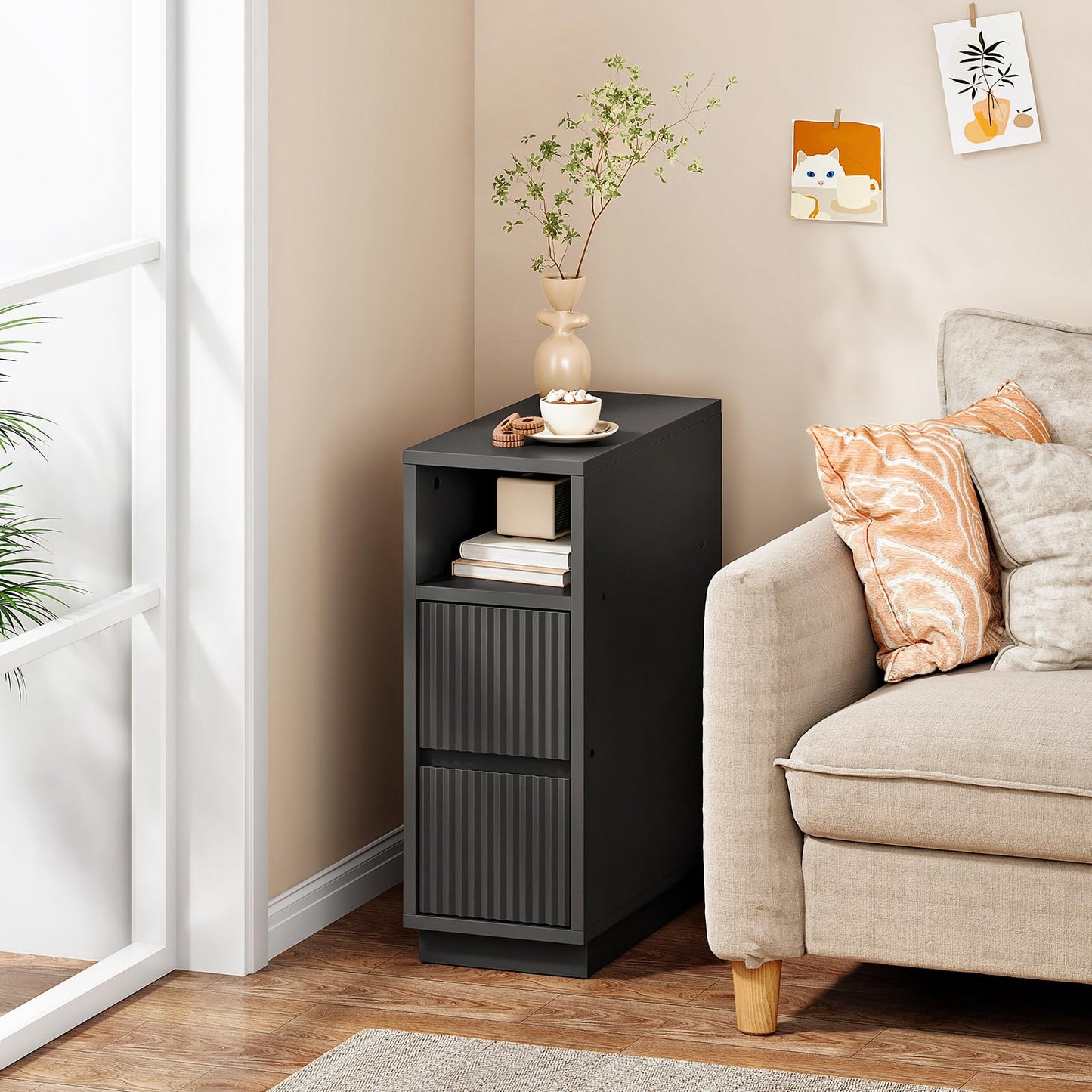 CHOEZON 8.7" Narrow Fluted Nightstand, Small Bedside Table with Drawers, Skinny Side Table, Modern Nightstand with 1 Semi-Open Shelf, Floating End Table, for Living Room, Bedroom, Black MBZ12BB