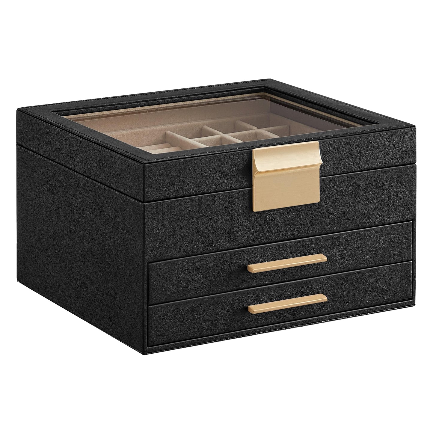 SONGMICS GISELLA Collection - Jewelry Box Organizer, 3-Layer Jewelry Storage with 2 Drawers, Shiny Metal Hardware, Glass Lid, Modern, 8 x 9.1 x 5.3 Inches, Graphite Black and Gold Color UJBC239B03