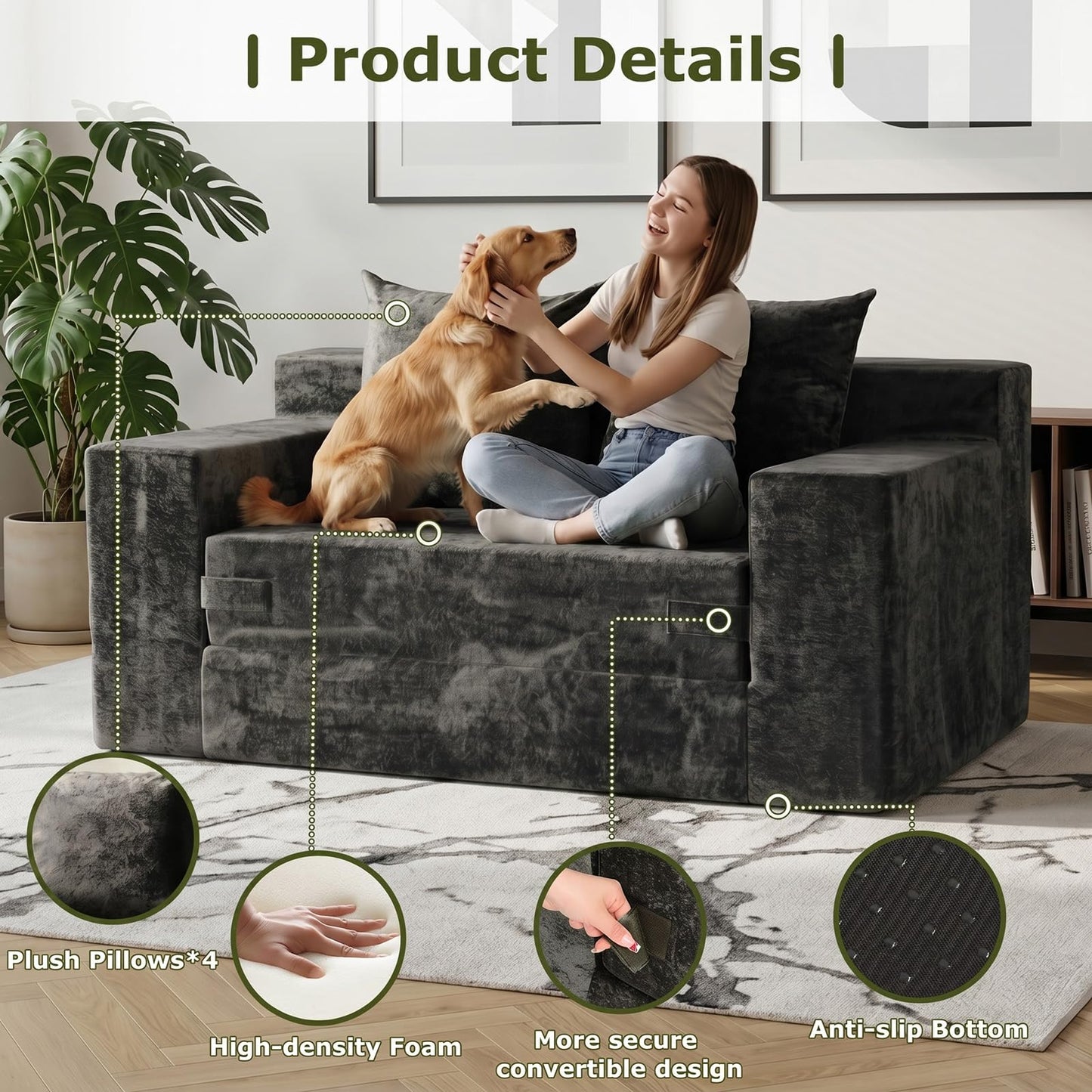 feliz home Boneless Loveseat Couches, Convertible Sofa Bed Folding Couch Bed, Boneless Chair Bed & Futon Sofa Bed, Small Pull Out Couch Foldable with 4 Pillows for Living Room, Dark Grey