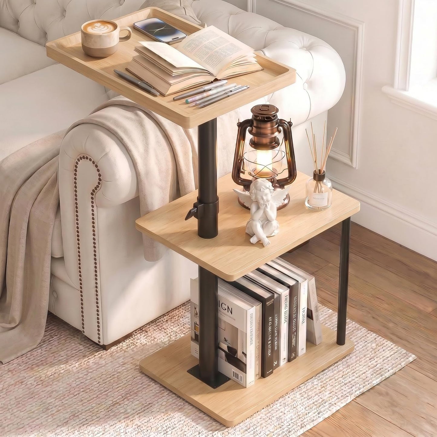 Faesun C Table End Table Adjustable Height, 360°Swivel TV Tray Table for Small Spaces, Small Nightstand for Living Room, Bedroom, Oak