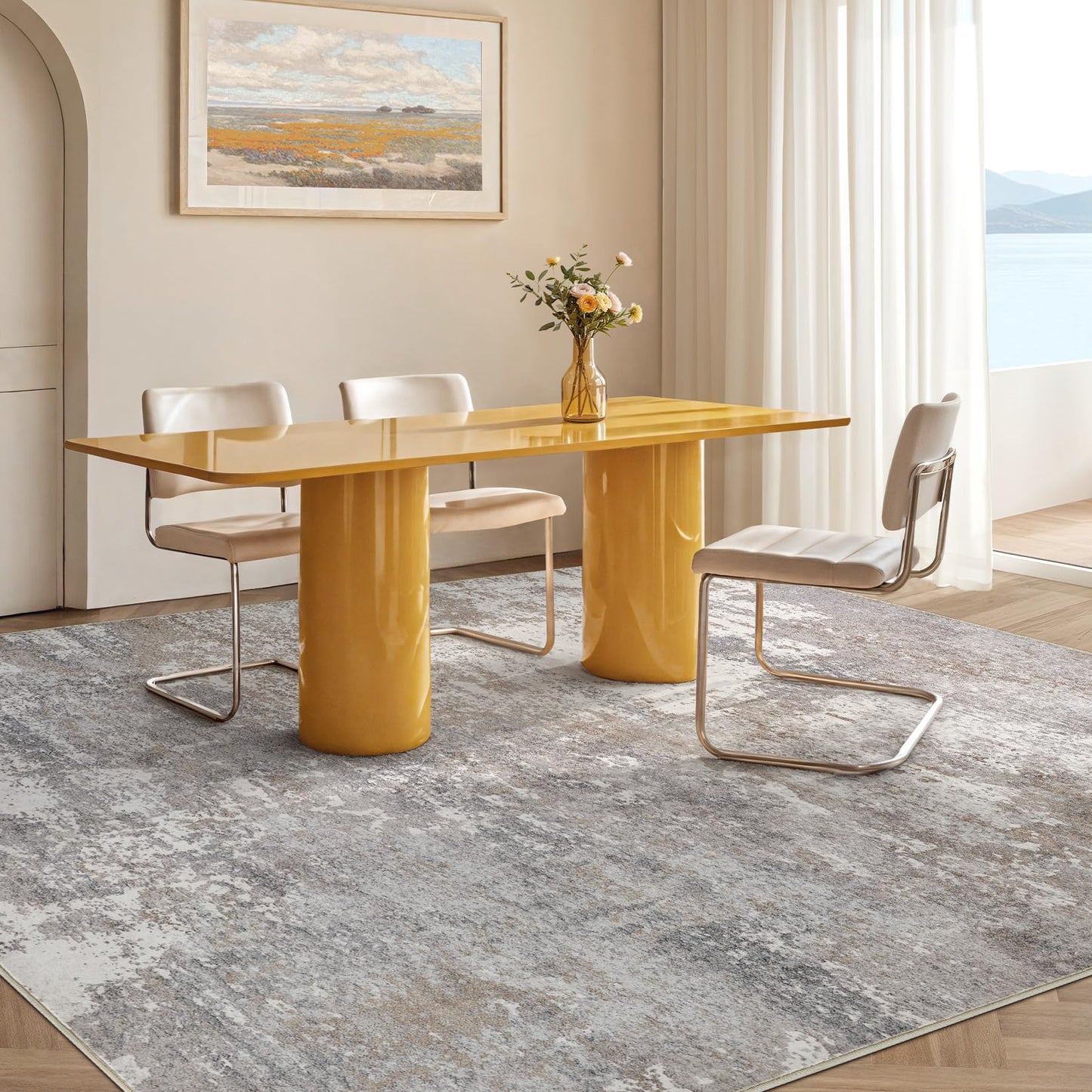 Micgeek Area Rug Living Room - 9X12 Abstract Washable Large Soft Foldable Non Slip Rug Neutral Modern Low Pile Carpet for Bedroom Nursery Dining Room Farmhouse Home Office Indoor - Grey Brown