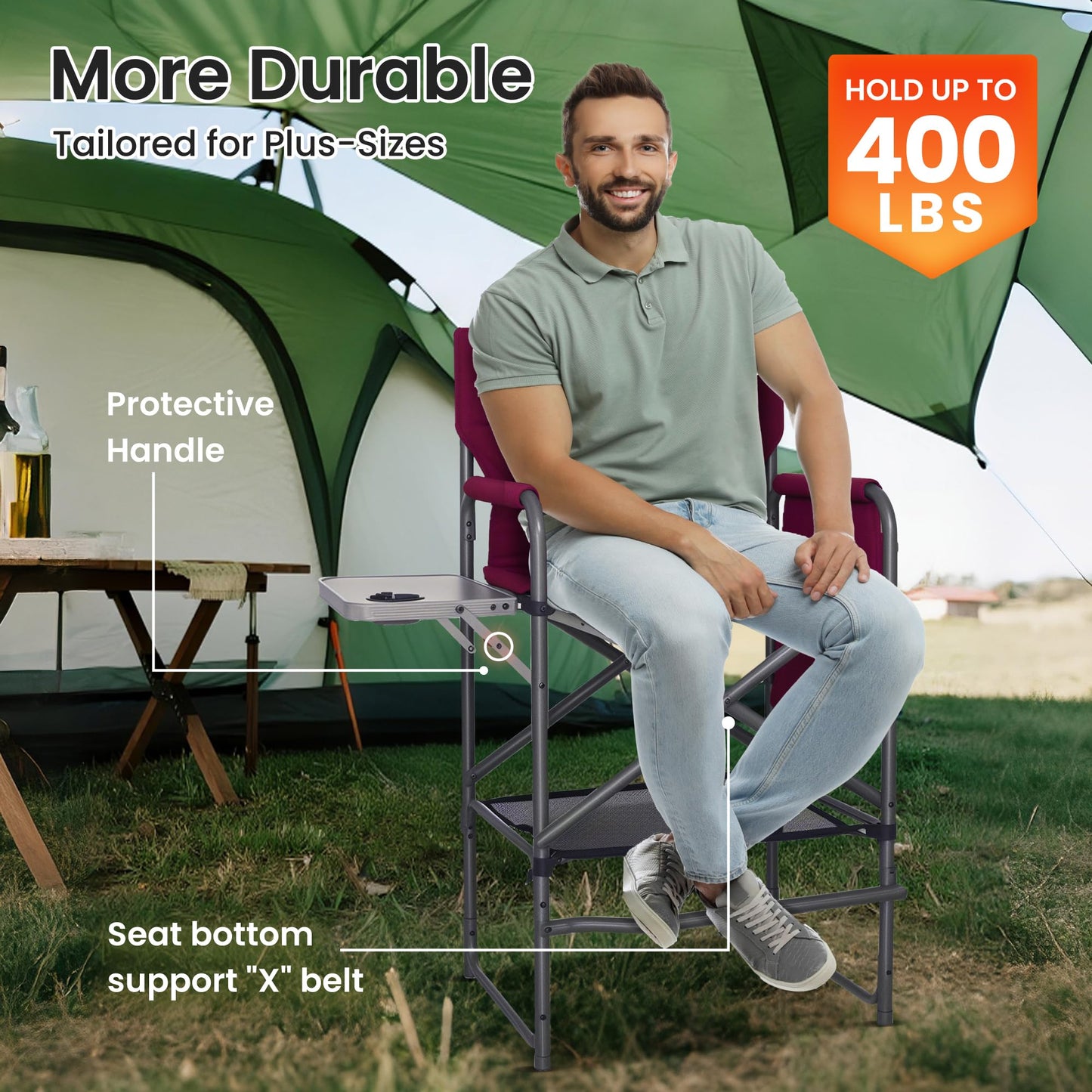Foristrail 30" Bar Height Director Chair - 400lbs Heavy Duty with Detachable Footrest & Side Table, Portable Foldable Chair for Makeup Artists/Outdoor Events (Wine Red)