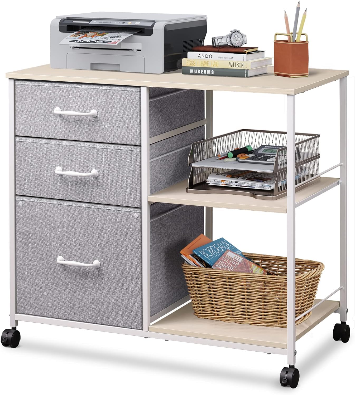 DEVAISE 3 Drawer Mobile File Cabinet, Rolling Printer Stand with Open Storage Shelf, Fabric Lateral Filing Cabinet fits A4 or Letter Size for Home Office, Light Grey