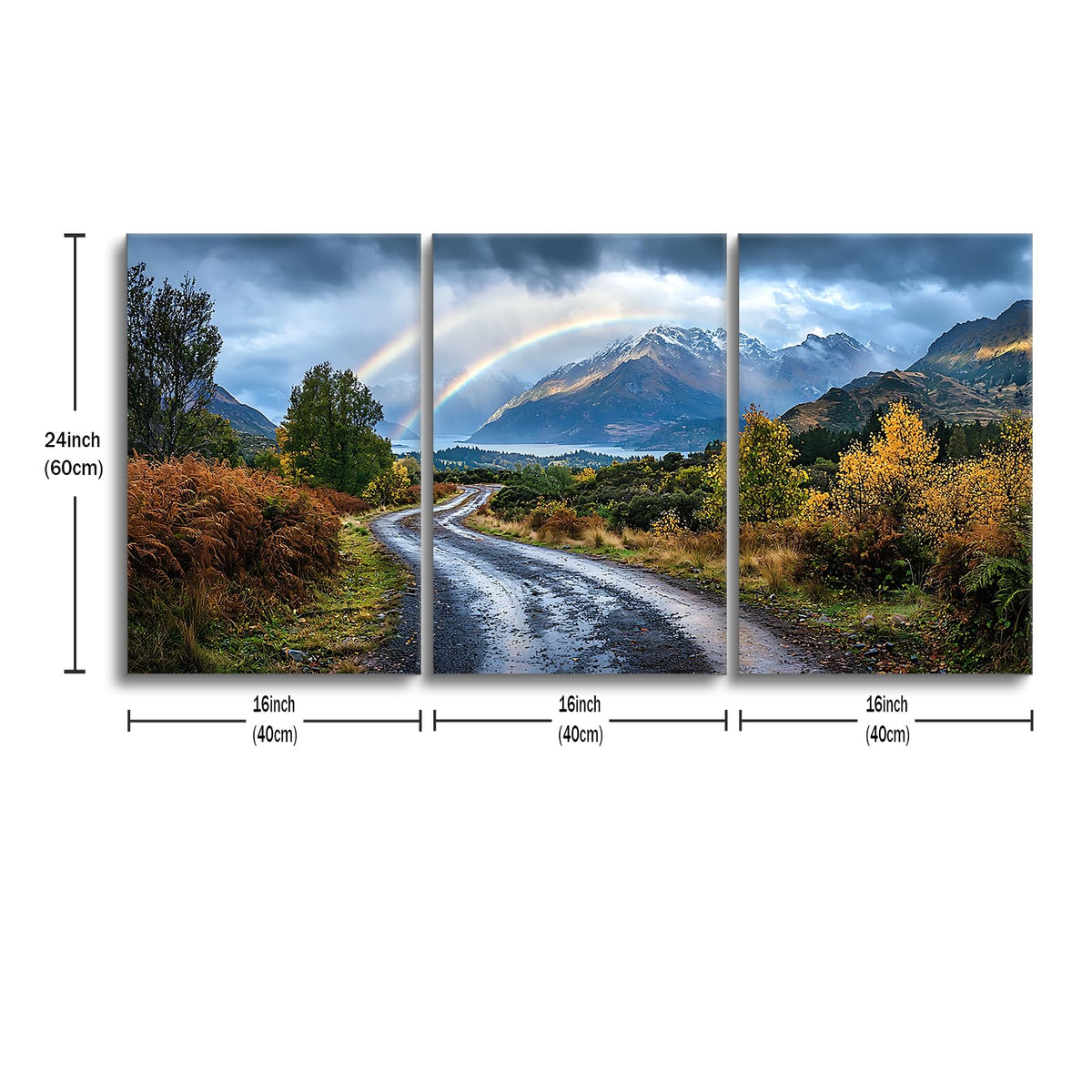 YSPCSUN 3 Panel Landscape Wall Art Mountain Peak Canvas Pictures Vibrant Double Rainbow Nature Painting Framed Scenery Artwork for Dining Room Bedroom Wall Decoration Gifts Idea, 48x24 Inch