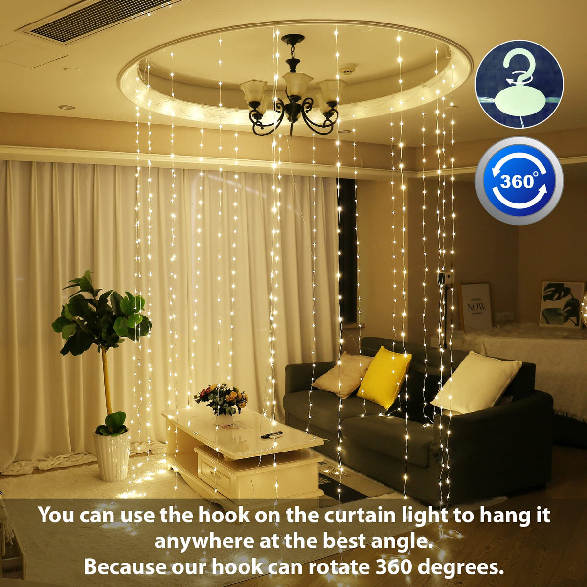 HXWEIYE 300LED Fairy Curtain Lights, 9.8x9.8Ft USB Plug-in 8 Modes Christmas String Hanging Lights with Remote for Bedroom Backdrop Wedding Indoor Wall Decor, Warm White, Tangle-Free – 1 Pack