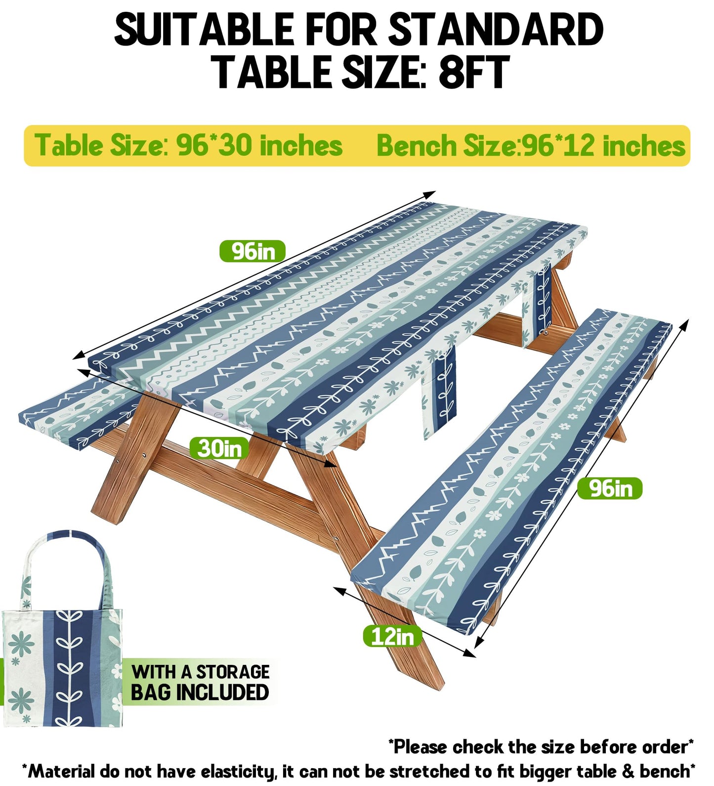 Picnic Table Cover with Bench Covers Waterproof Elastic Rectangle Furniture Fitted Tablecloth Table Cloth Glamping Camp Camper Camping Essentials Outdoor Road Trip Rv Car Travel Vacation Canping Gear