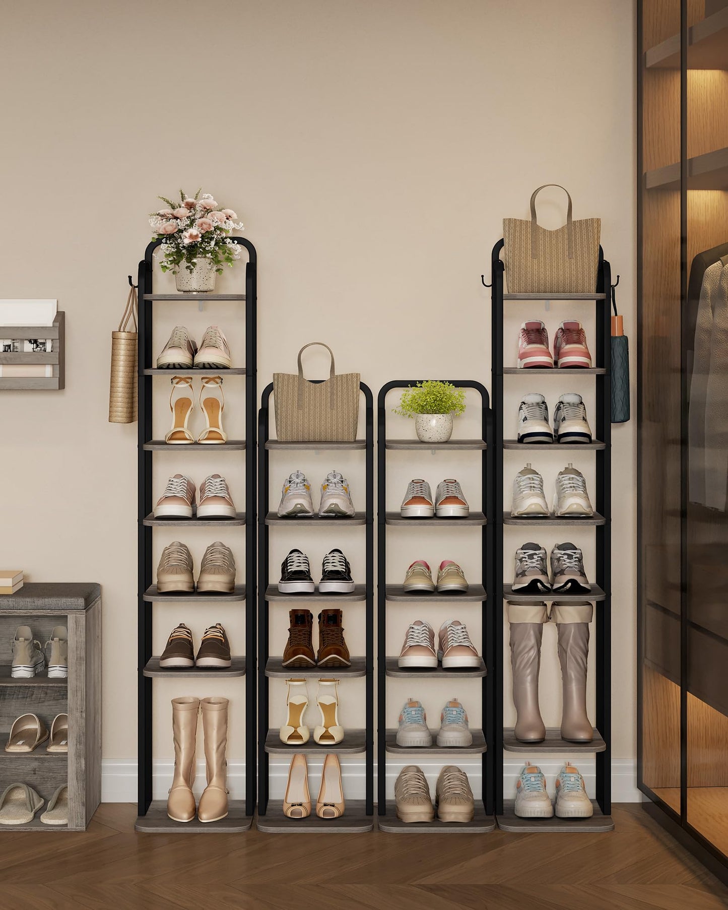 Hzuaneri 6 Tiers Vertical Shoe Rack, Narrow Shoe Tower, Tall Shoes Shelf with 2 Hooks, Adjustable Shelves, Corner Shoes Shelves for Small Spaces, Entryway, Living Room, Greige, SR04205B