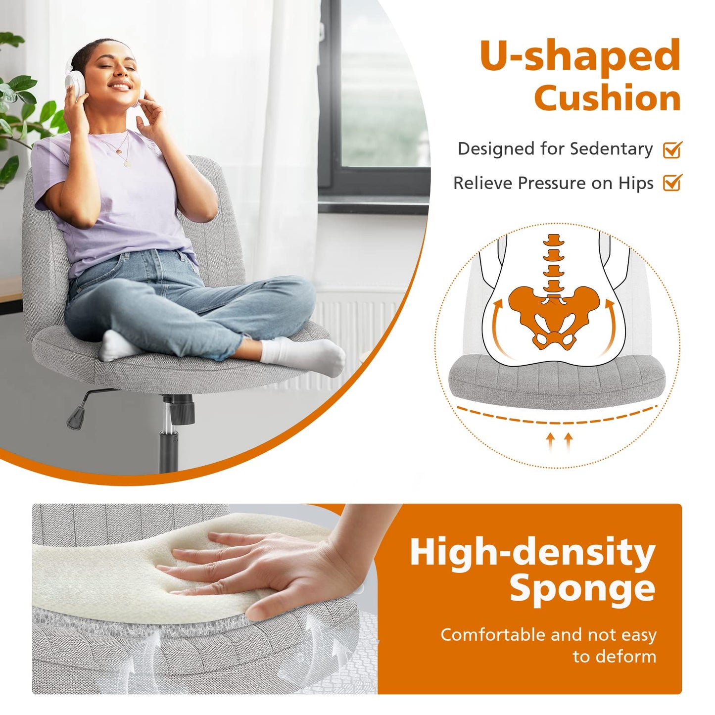 Sweetcrispy Criss Cross Chair Legged, Armless Office Swivel Desk Chairs No Wheels, Vanity Height Adjustable Wide Seat Comfy Cute Computer Task Seating for Home Bedroom, Grey