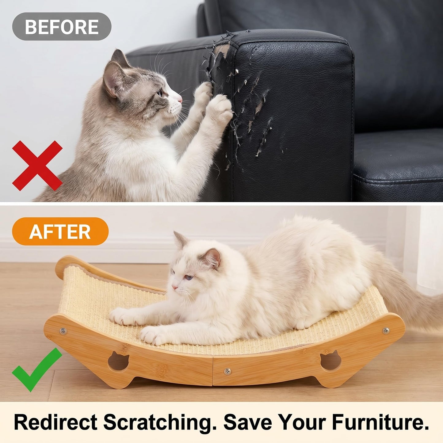meenguo-pisa Cat Scratcher & Scratching Lounge, 3-in-1 Sisal Bed & Hammock for Indoor Cats, Wood Frame, Curved Lounge, Large 23.6x13.8in, Cat Furniture, 20 lbs