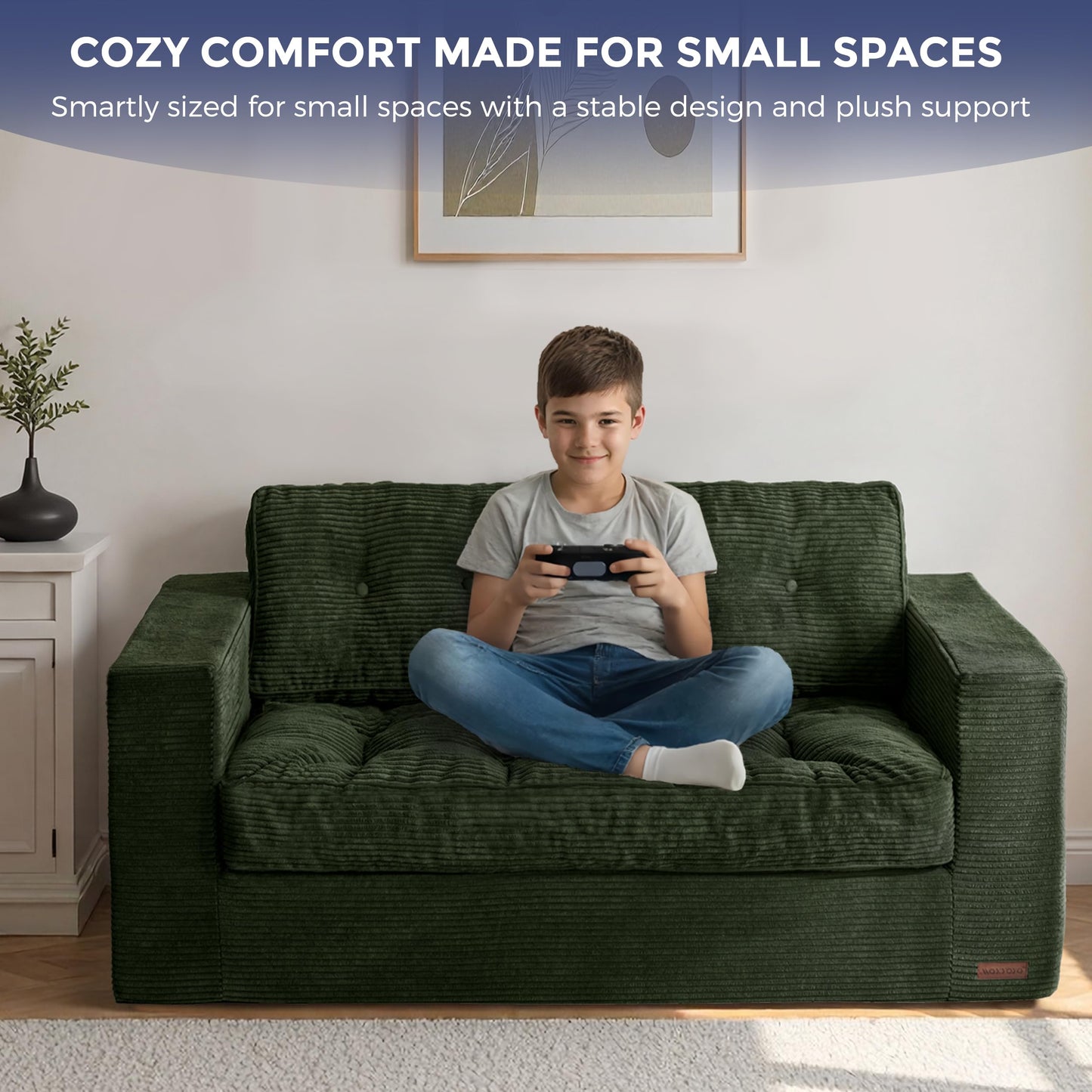 MAXYOYO Loveseat Sofa Couch, Upholstered Bean Bag Chair Cloud 2-Seat for Adults, Boneless Couch with Tufted Cushion & Pillows, Sofa in A Box, No Assembly Required, Dark Green