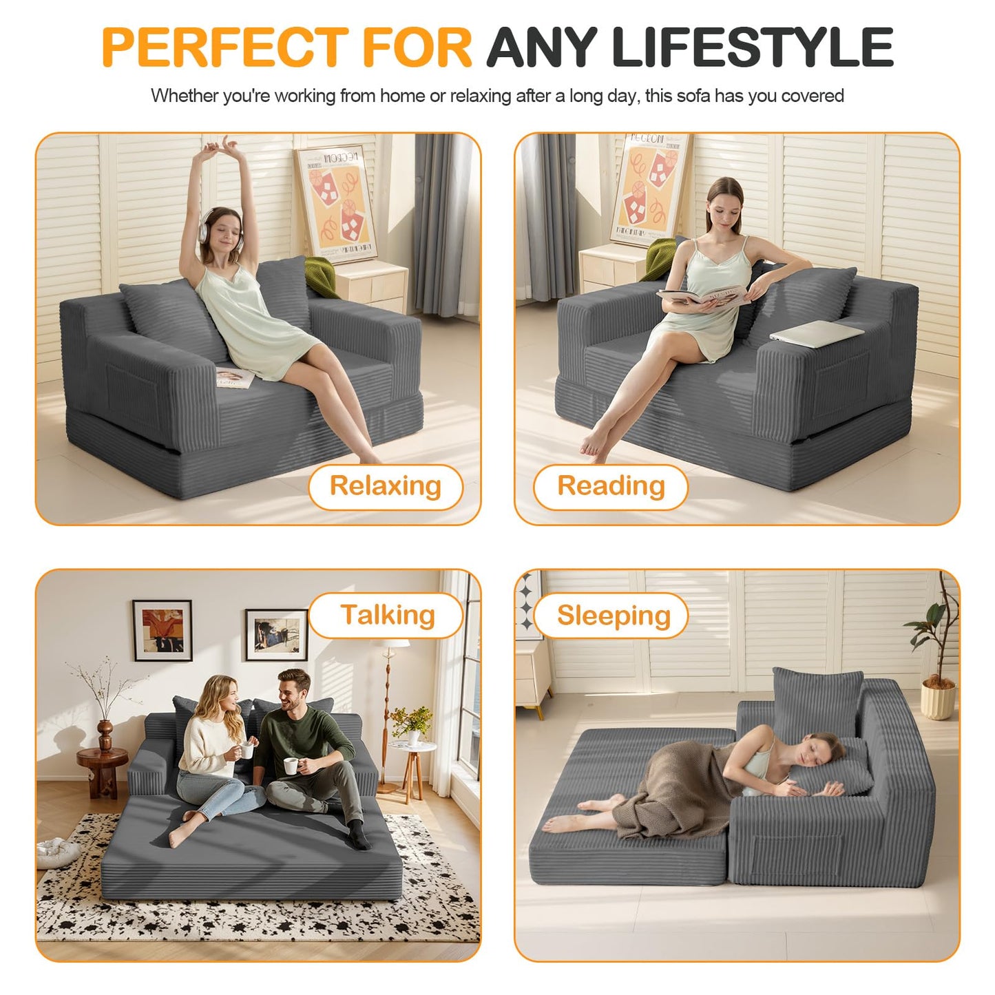 Erament Convertible Sofa Bed, Loveseat Folding Floor Futon Sleeper Sofa Couch Bed- Boneless Foldable Couch, Corduroy Pull Out Sofa Bed with 2 Pillows for Living Room & Bedroom
