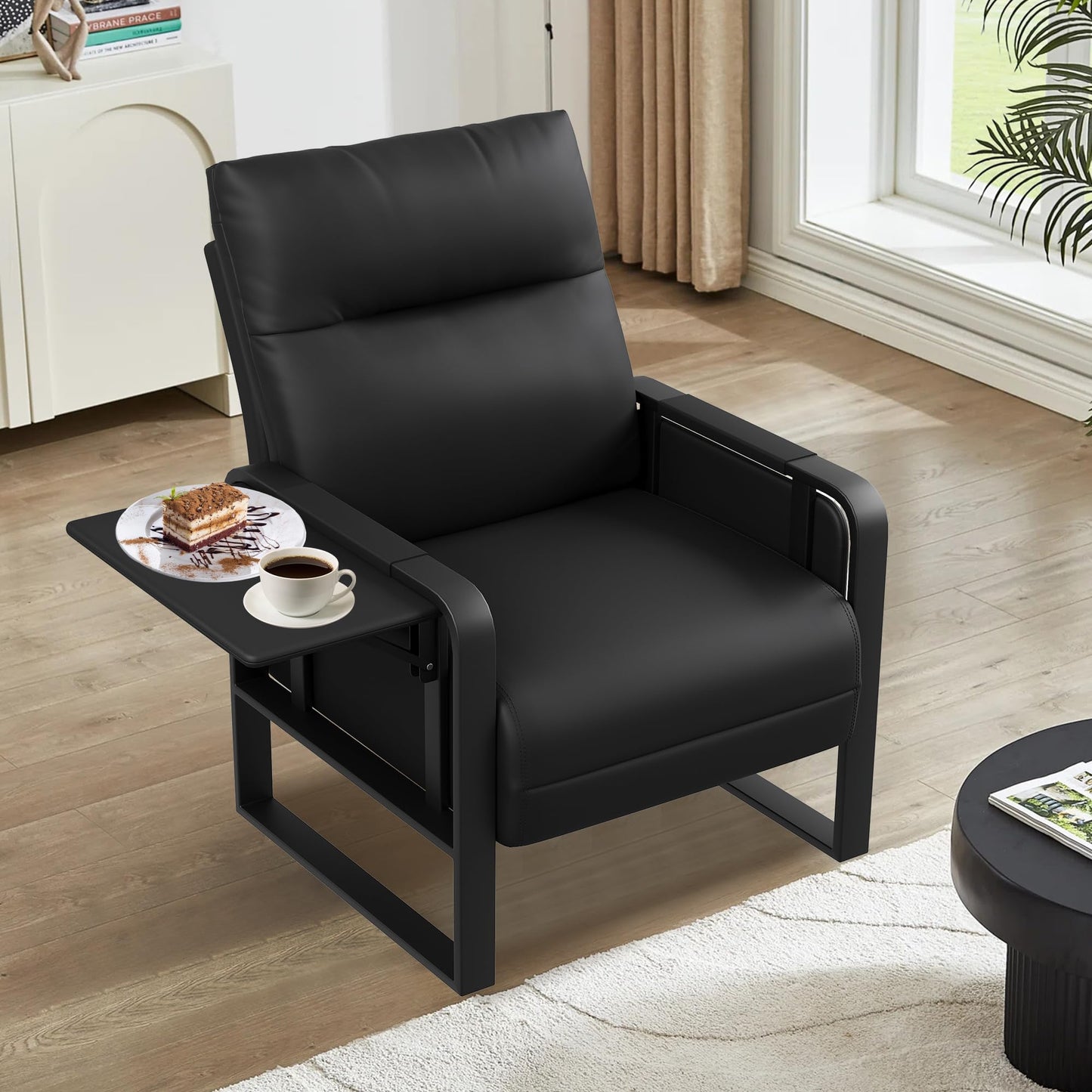 Apeaka Modern Black Accent Chair PU Leather Upholstered Armchair with Foldable Side Table for Bedroom Living Room Chairs Office Chair