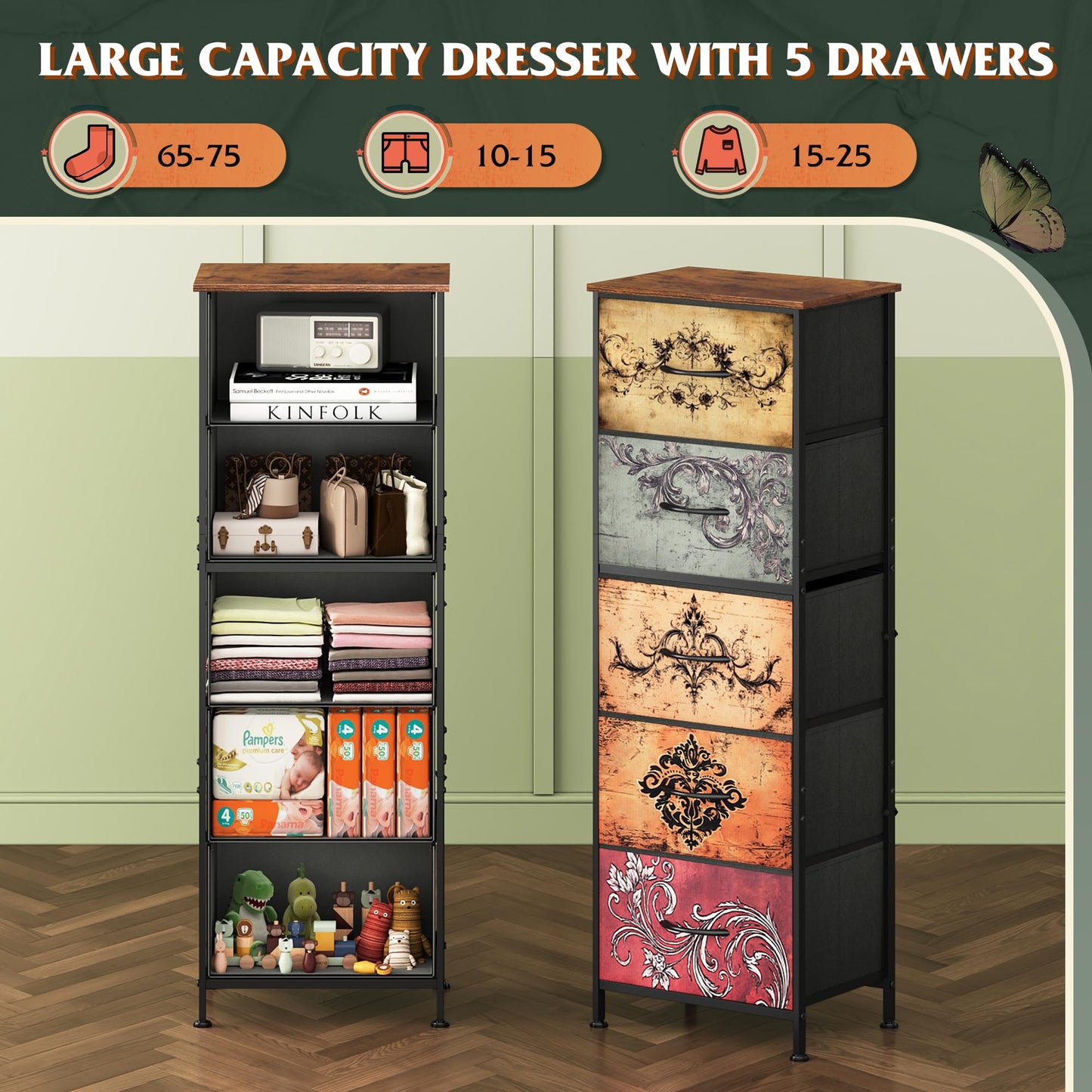 WLIVE Fabric Dresser, 5-Drawer Tall Dressers for Bedroom, Storage Dresser Organizer with Fabric Bins, Wood Top, Sturdy Steel Frame, Chest of Drawers for Closet, Hallway, Pattern