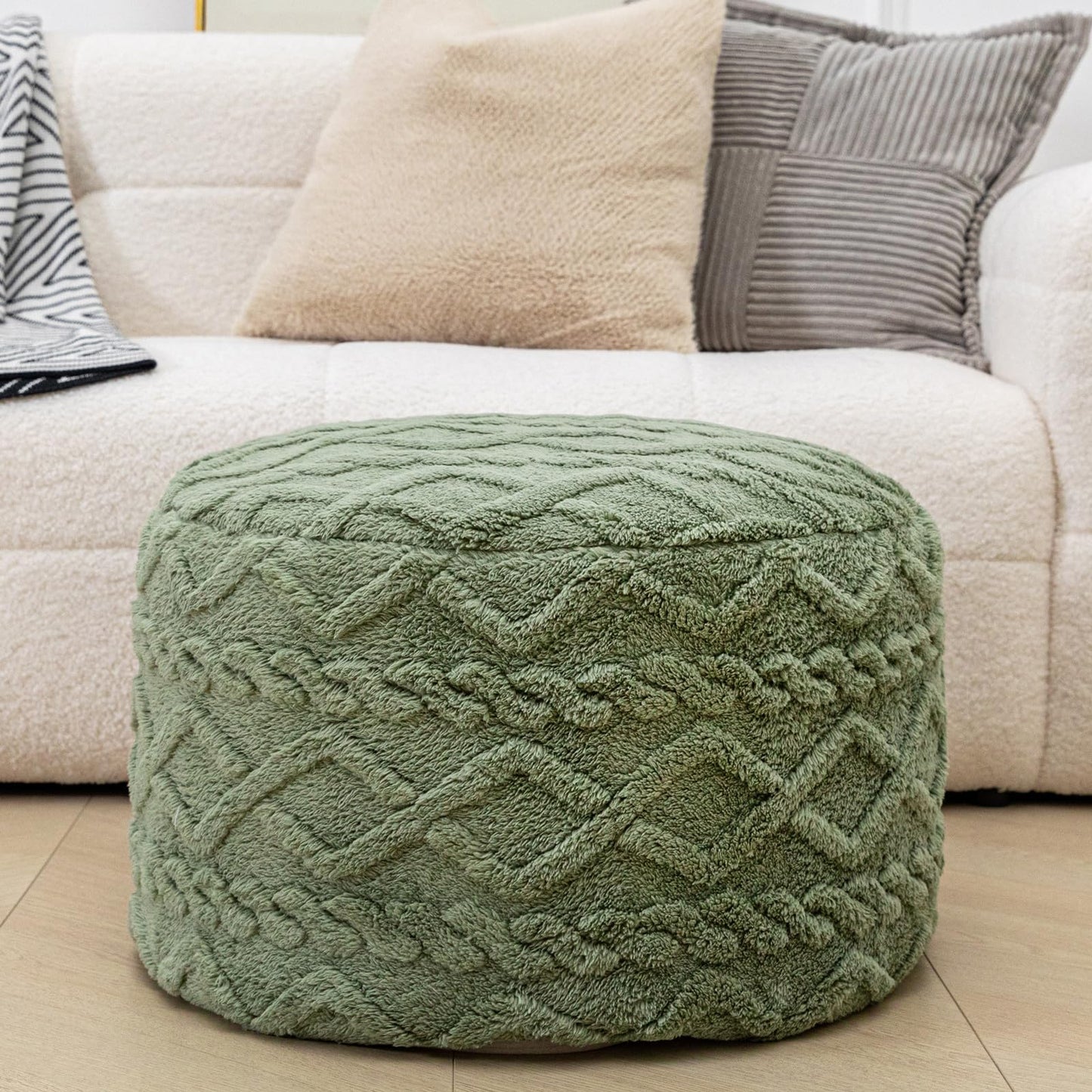 Poofieotto Round Pouf Ottoman Stuffed 20x12 Inches Floor Pouf Chair for Living Room Bedroom Modern Foam Pouf Ottoman Foot Rest for Couch Home Decor Pouffe Sage Green