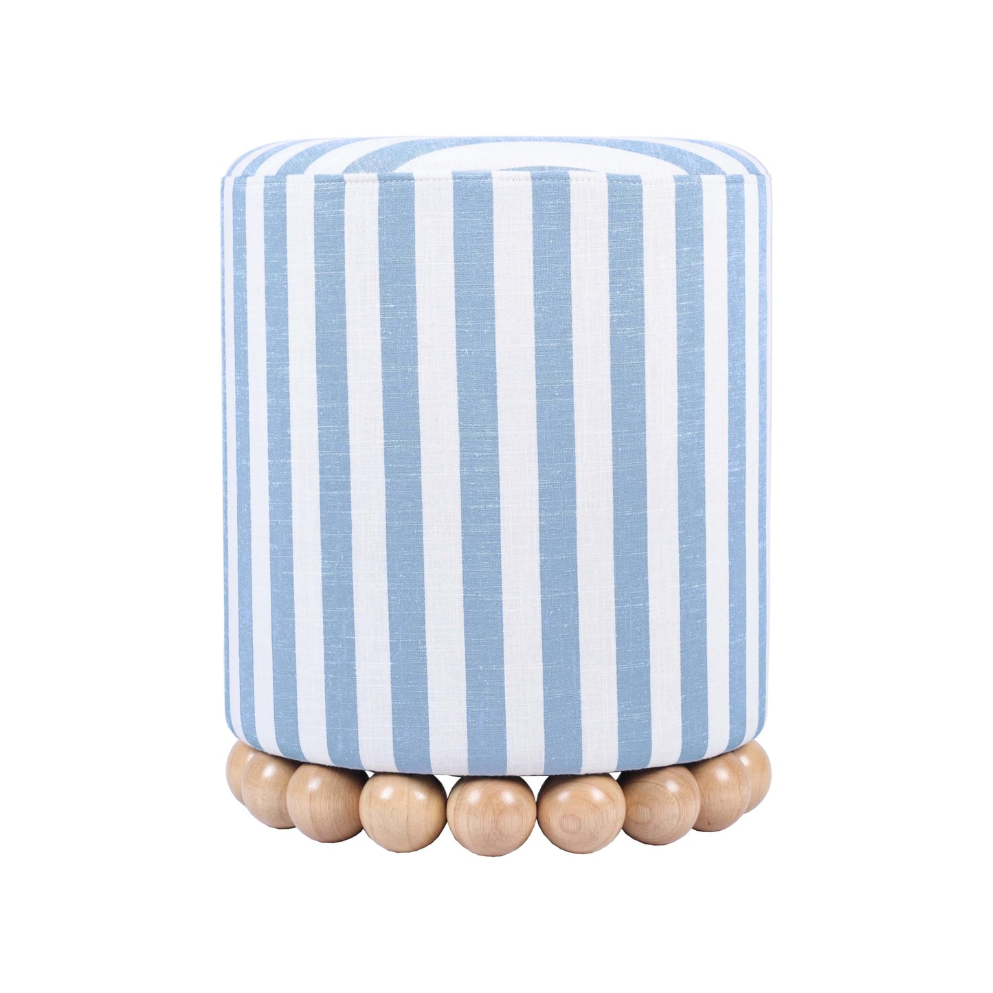 Tov Furniture Dex Pastel Blue Striped Linen Round Ottoman with Wooden Base